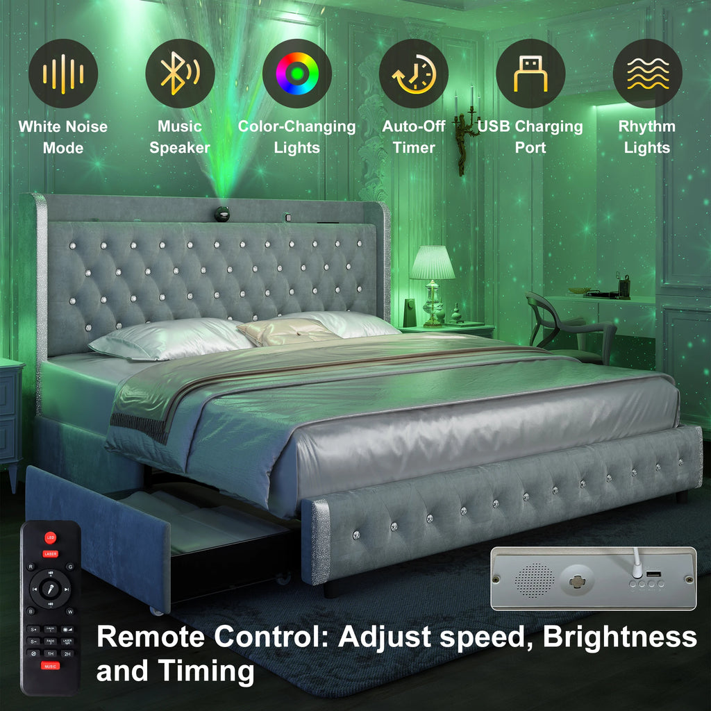 GEGOFORU Queen LED Bed Frame with Galaxy Projector, Bluetooth Speaker, USB Ports, 4 Drawers