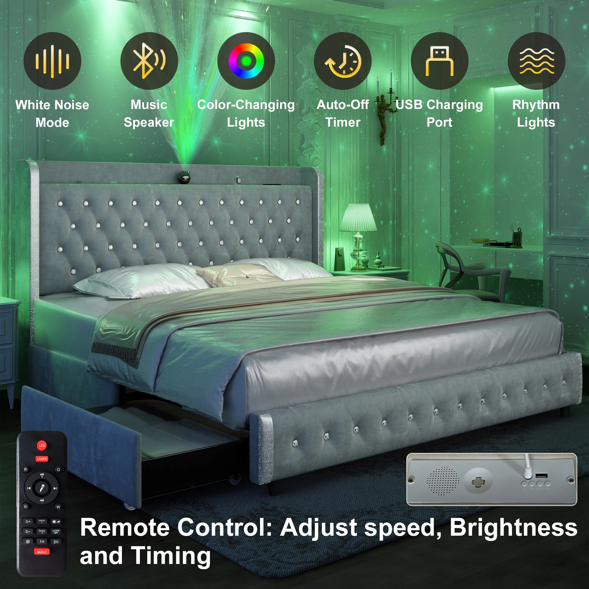 GEGOFORU Queen LED Bed Frame with Galaxy Projector, Bluetooth Speaker, USB Ports, 4 Drawers