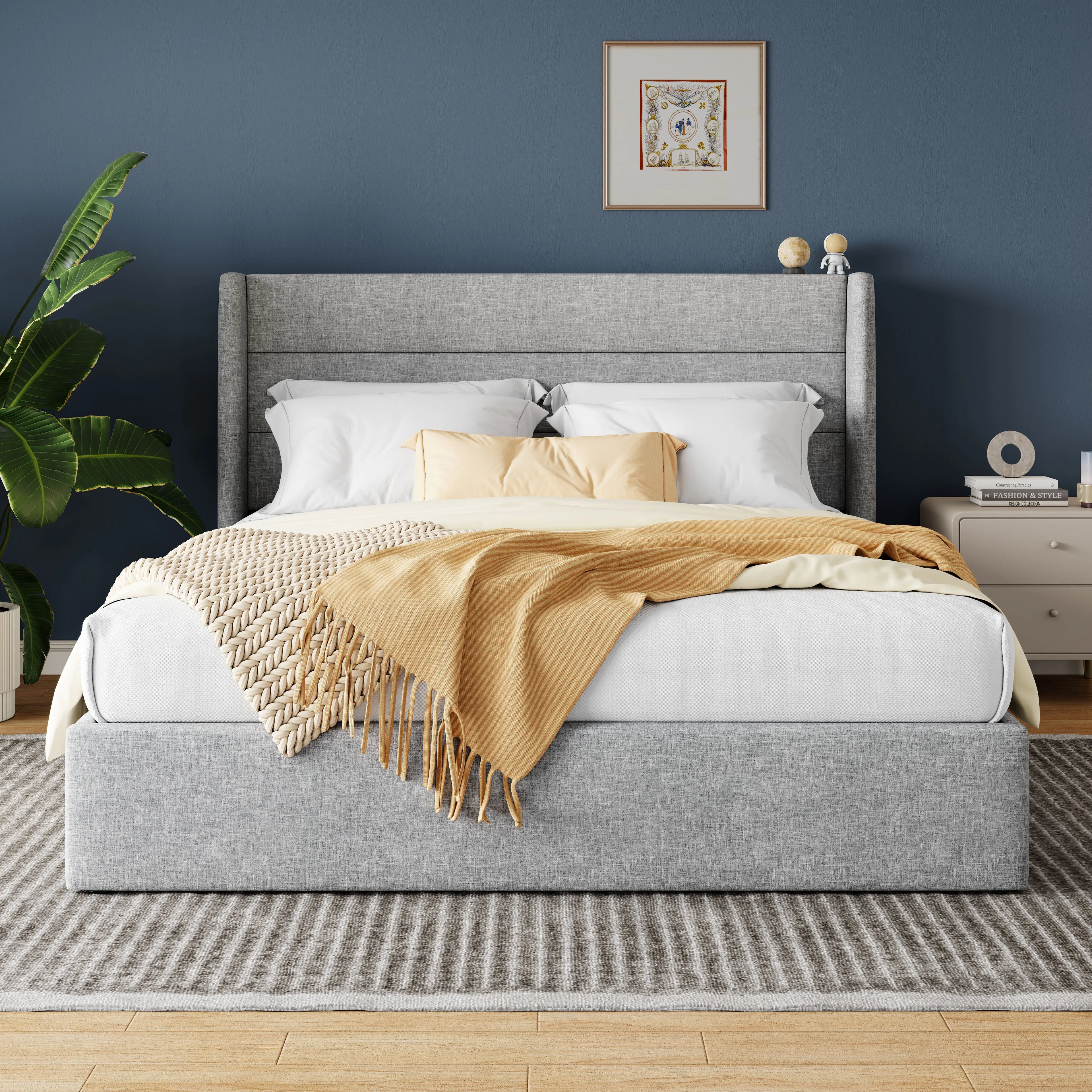 HOOMIC Lift Up Storage Bed with Wingback Headboard/Heavy-Duty Hydraulic Bed/Large Underneath Storage