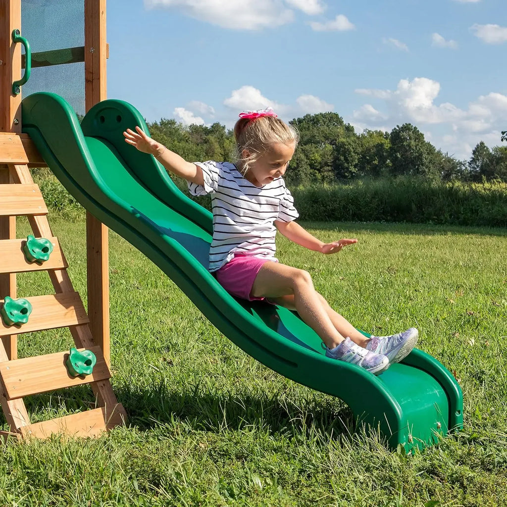 Buckley Hill Cedar Wood Swing Set with Wave Slide, Play Deck, Rock Wall Ladder, Belt Swings, Chalkboard,