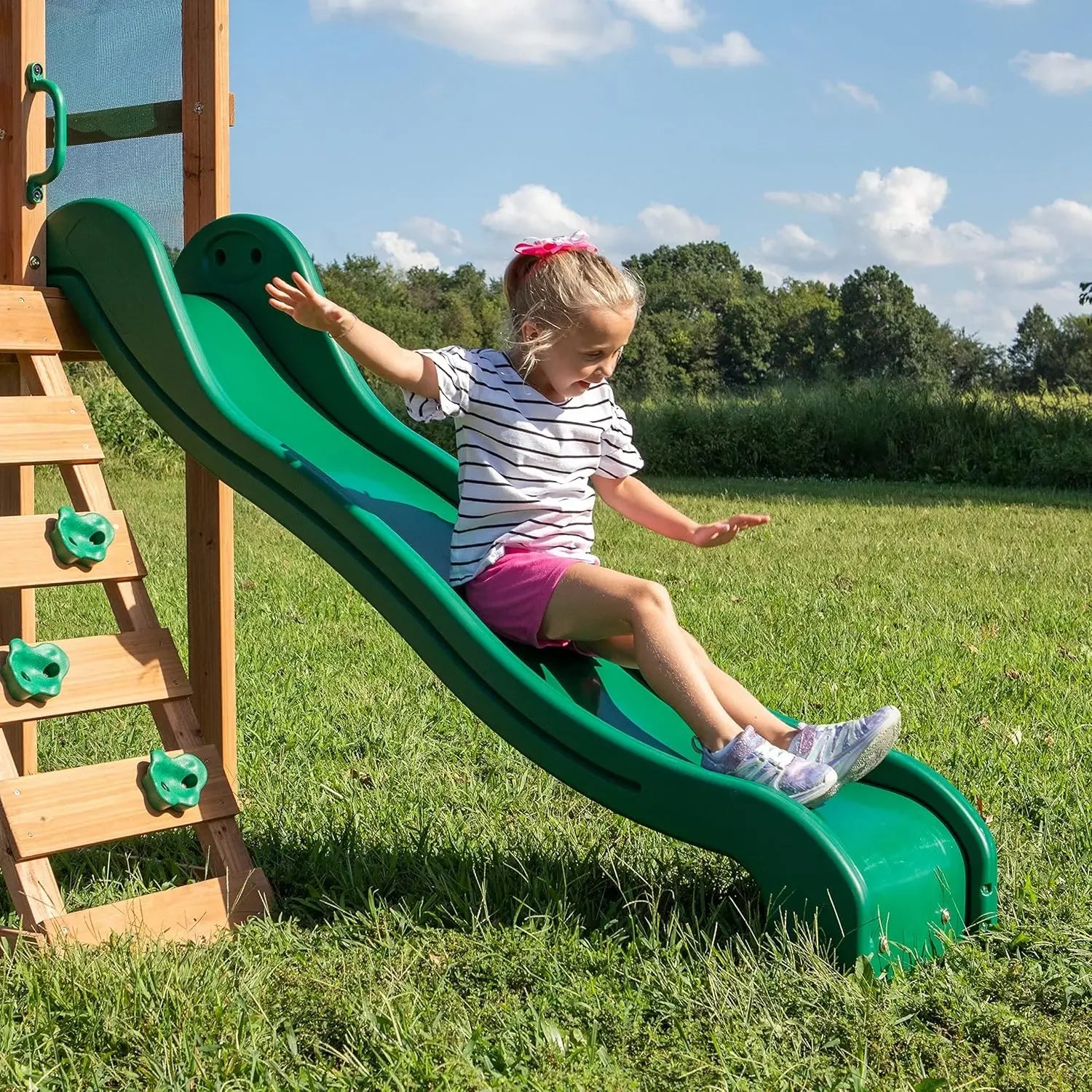 Buckley Hill Cedar Wood Swing Set with Wave Slide, Play Deck, Rock Wall Ladder, Belt Swings, Chalkboard,