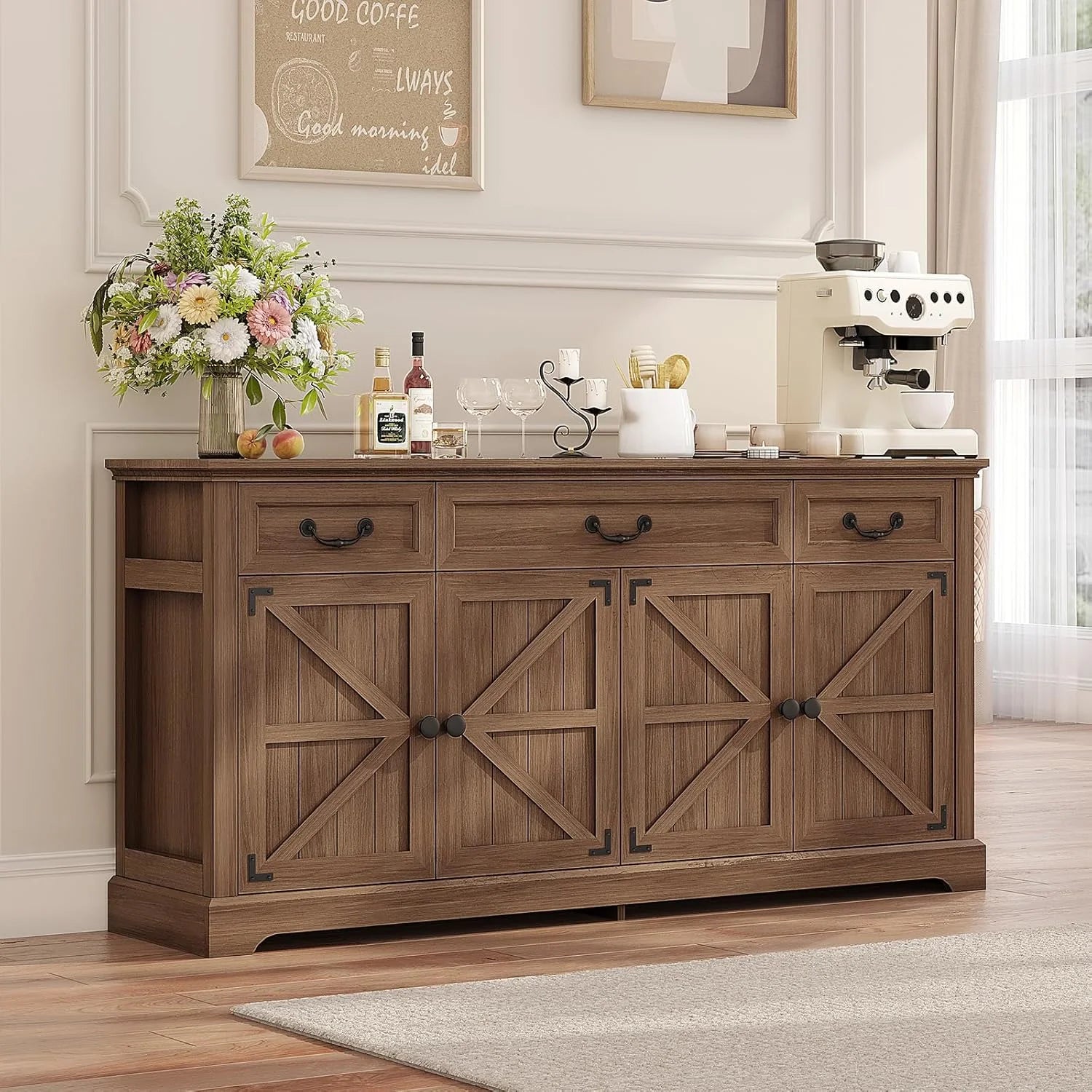Farmhouse Sideboard Buffet Cabinet with Barn Doors, 64.6'' Wooden Storage Cabinet