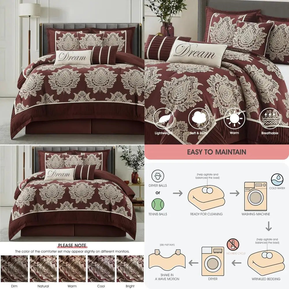 7-Piece Burgundy Jacquard Damask Comforter Set