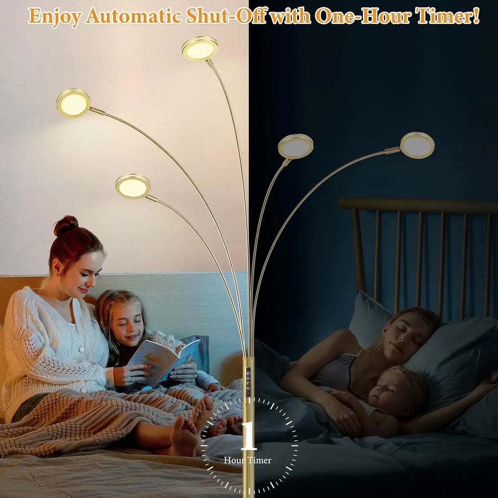 GOLD ADJUSTABLE ARMS LED TALL FLOOR LAMP REMOTE CONTROL DIMMABLE