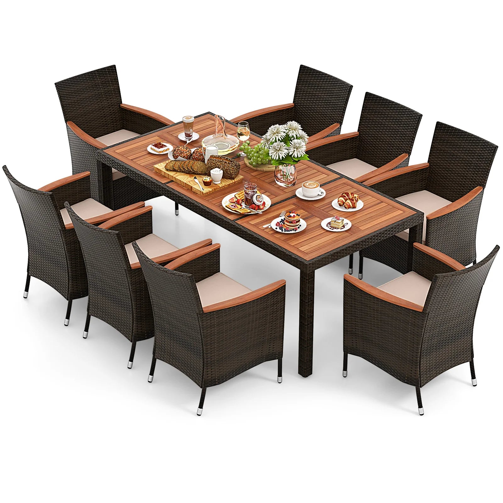 9PCS Patio Wicker Dining Set Acacia Wood Table Top Umbrella Hole Cushions Chairs