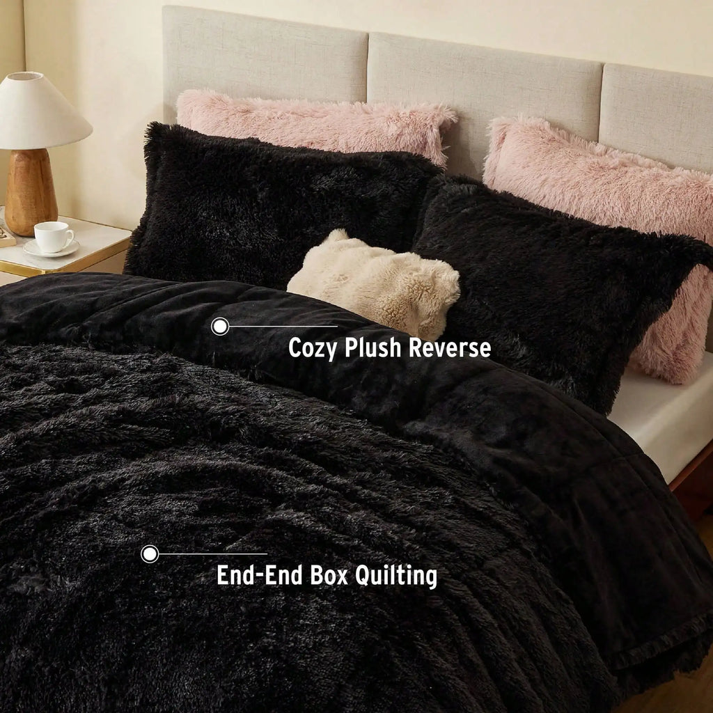 Shaggy Faux Fur Comforter Set With Matching Sham Ultra Soft Plush Reversible All Season Bedding