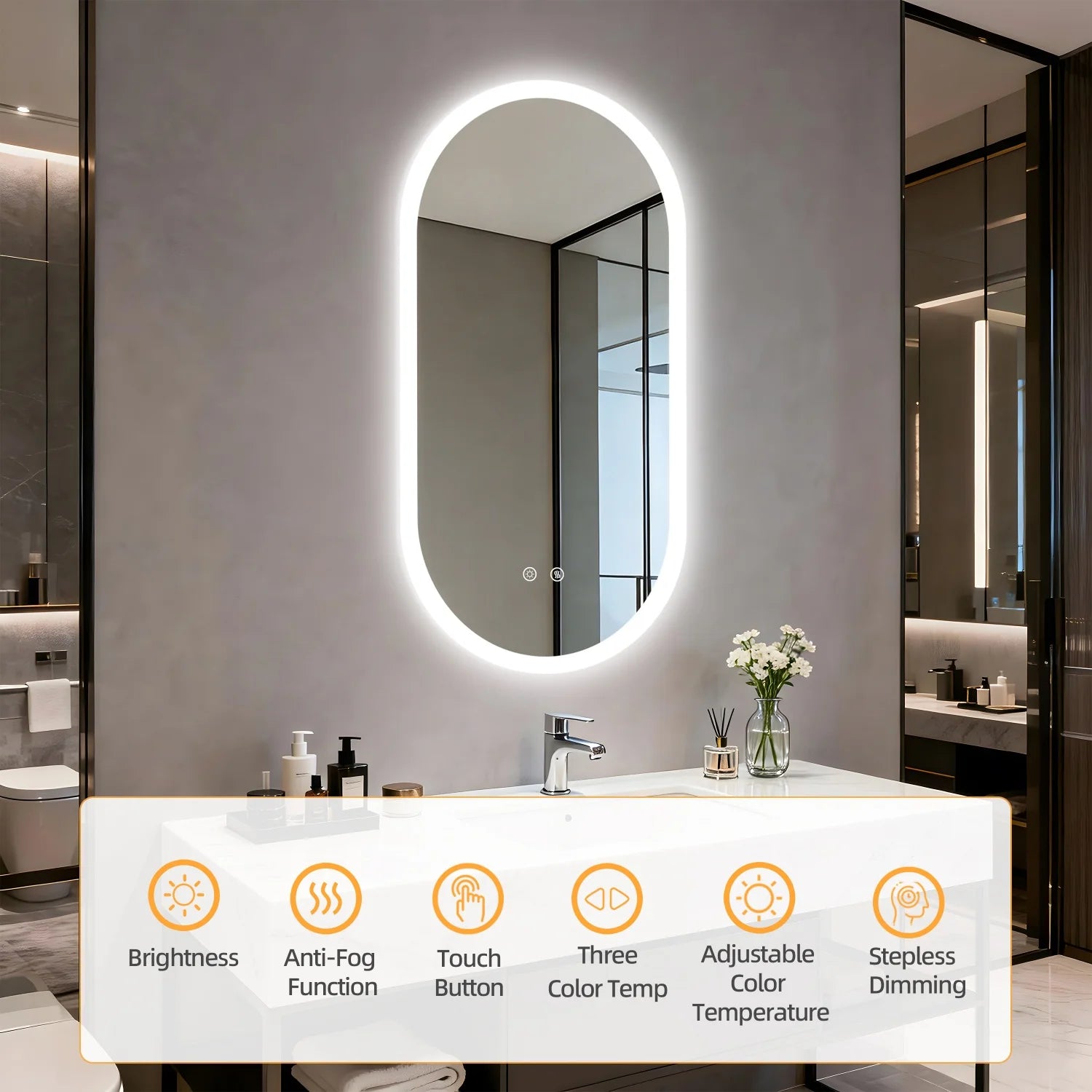 Oval LED Bathroom Mirror Backlit Wall Mounted Illuminated Bathroom Vanity Mirror