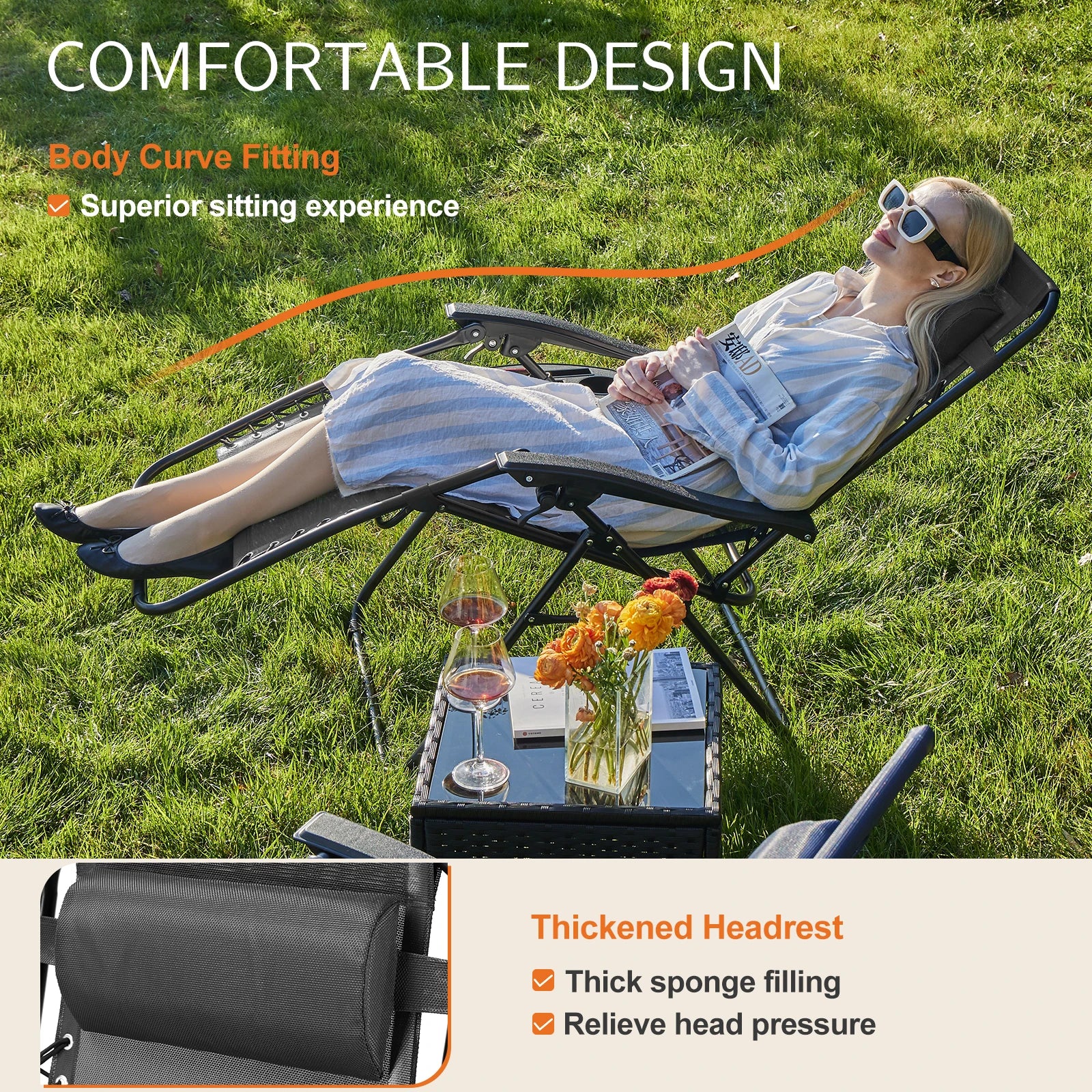 JHK Zero Gravity Set of 2 Portable Recliner Camping Patio Outdoor Garden Lounge Chair