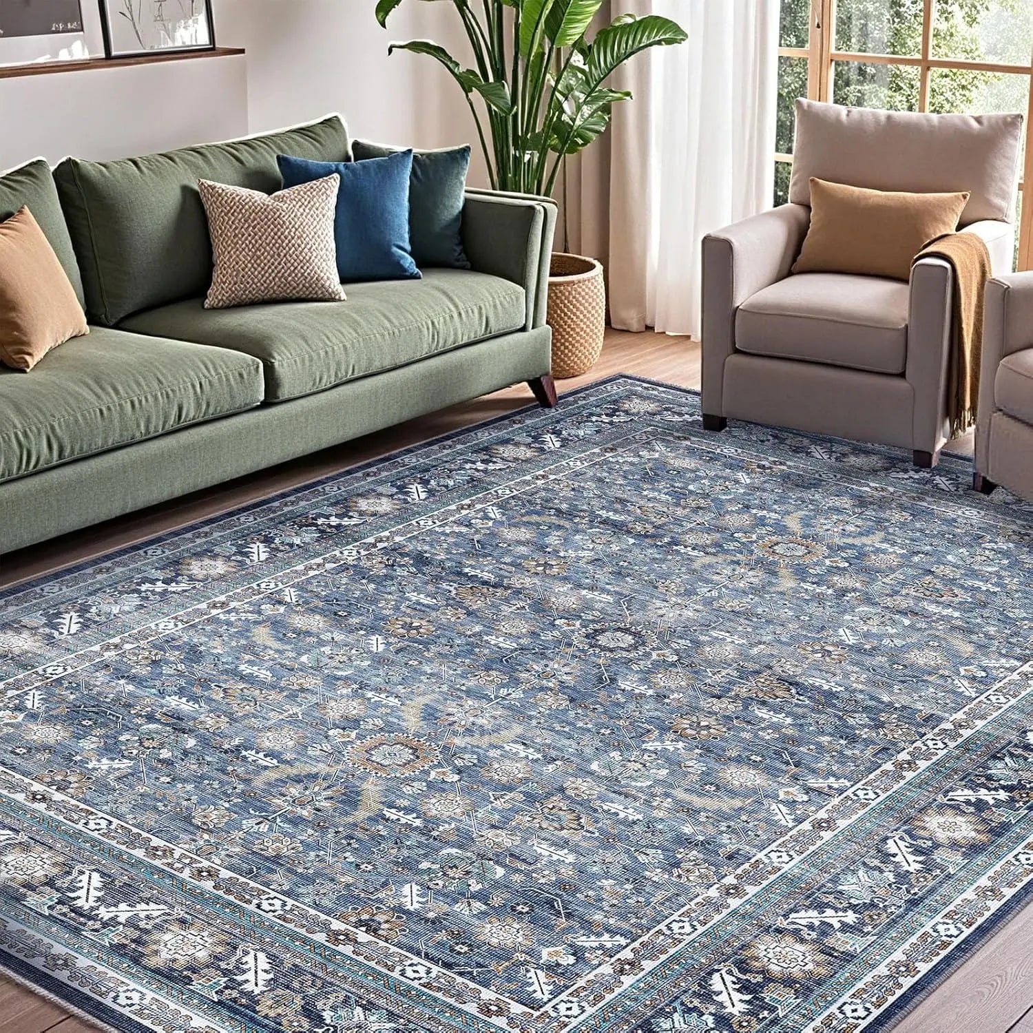 Vintage Blue 5x7 Washable Rug, Non-Slip Low-Pile Faux Wool Carpet for Living Room, Bedroom, Kitchen