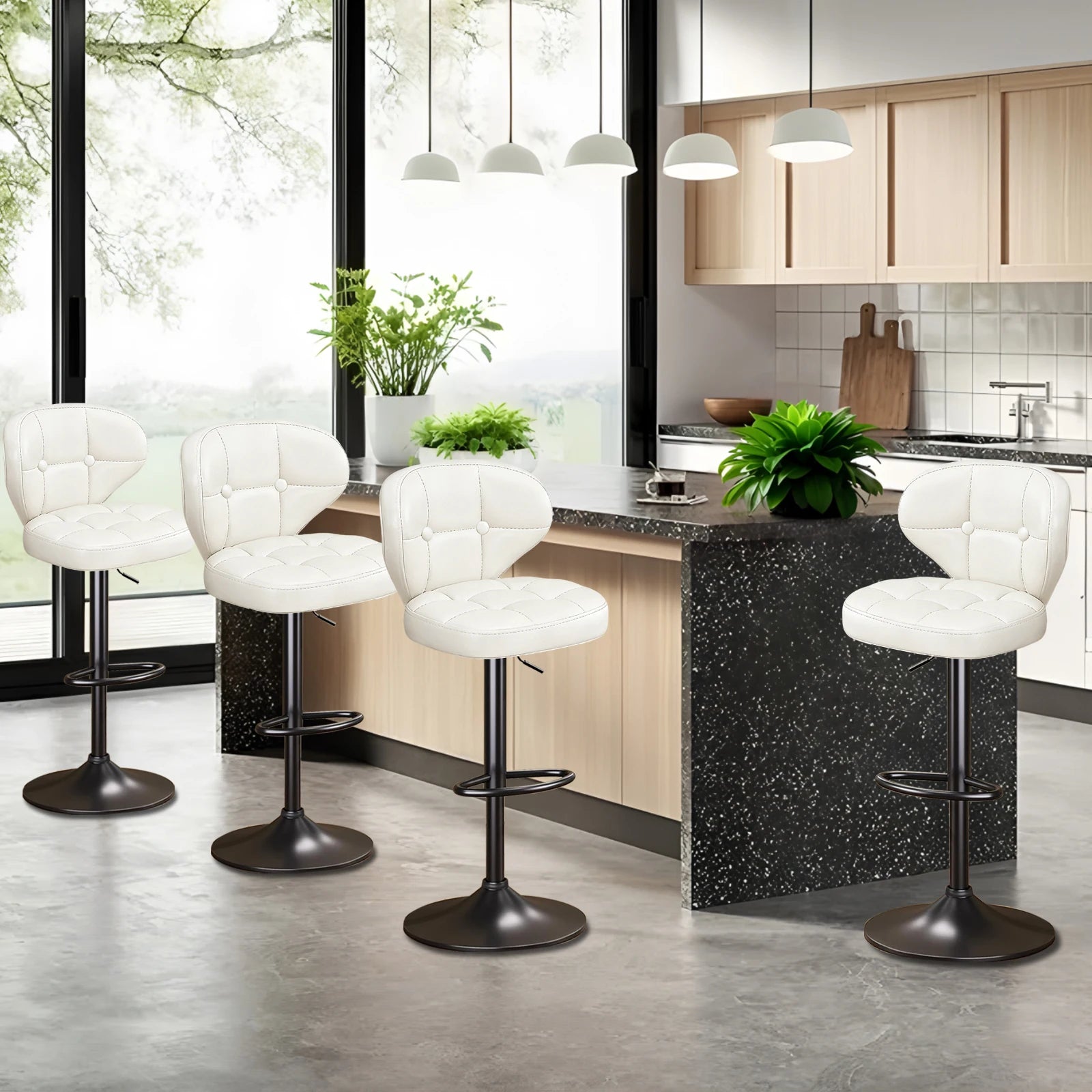 Bar Stools Set of 4, Adjustable Swivel Counter Height Chairs with Backrest and Footrest, Faux Leather
