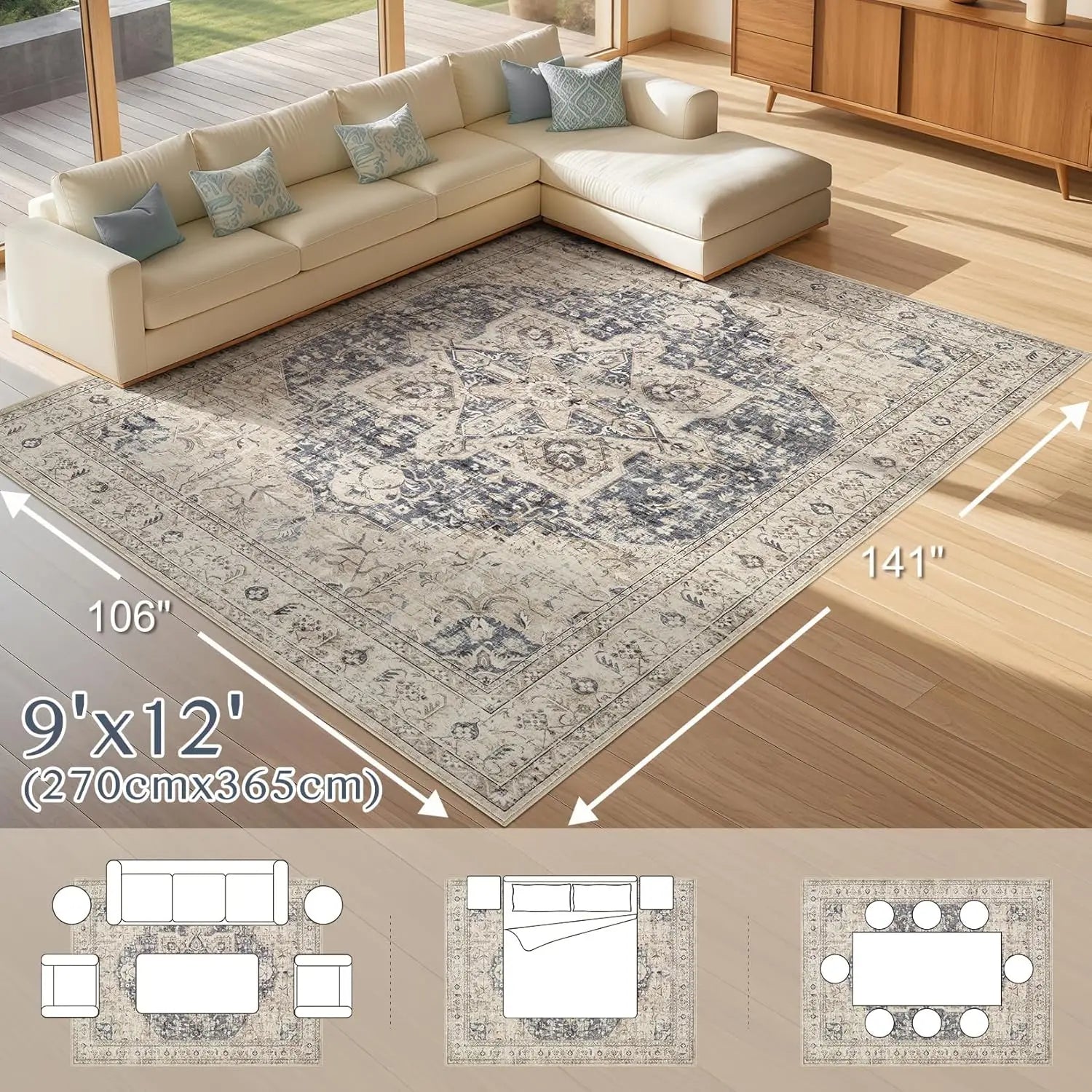 Washable 9x12 Vintage Oriental Area Rug