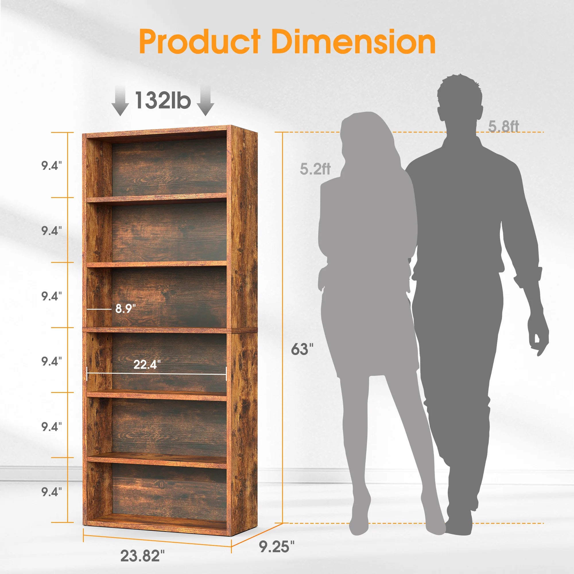 MCQ 6 Shelf Bookcase Wooden Large 63 Inch Tall Bookcase
