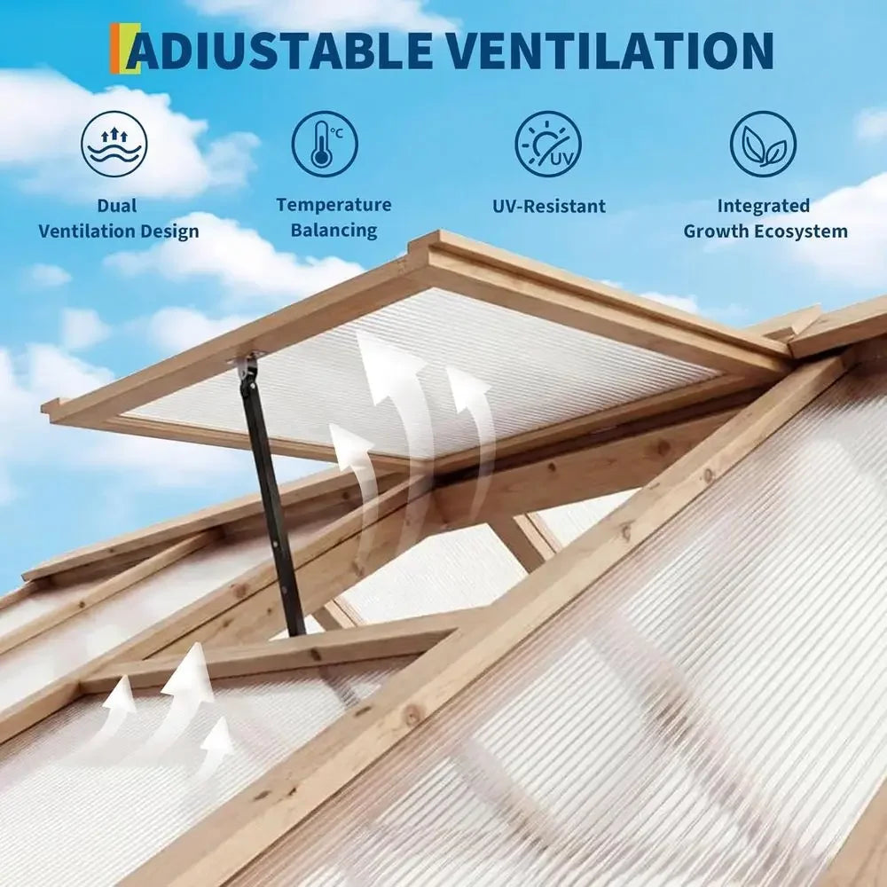 8x14 T Wooden Greenhouse or Outdoor, Walk-in Greenhouse Kit with Ventilated Window & Lockable Door & Polyte Panels