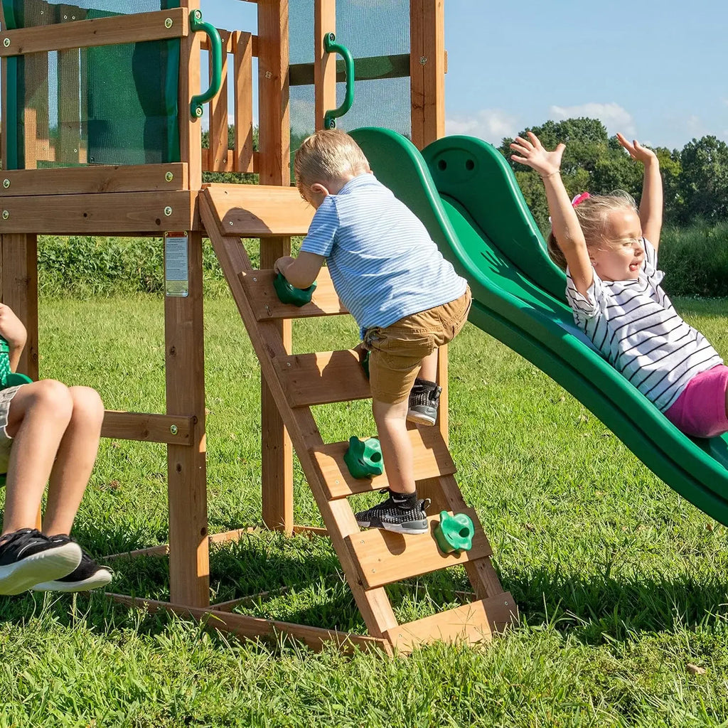 Buckley Hill Cedar Wood Swing Set with Wave Slide, Play Deck, Rock Wall Ladder, Belt Swings, Chalkboard,