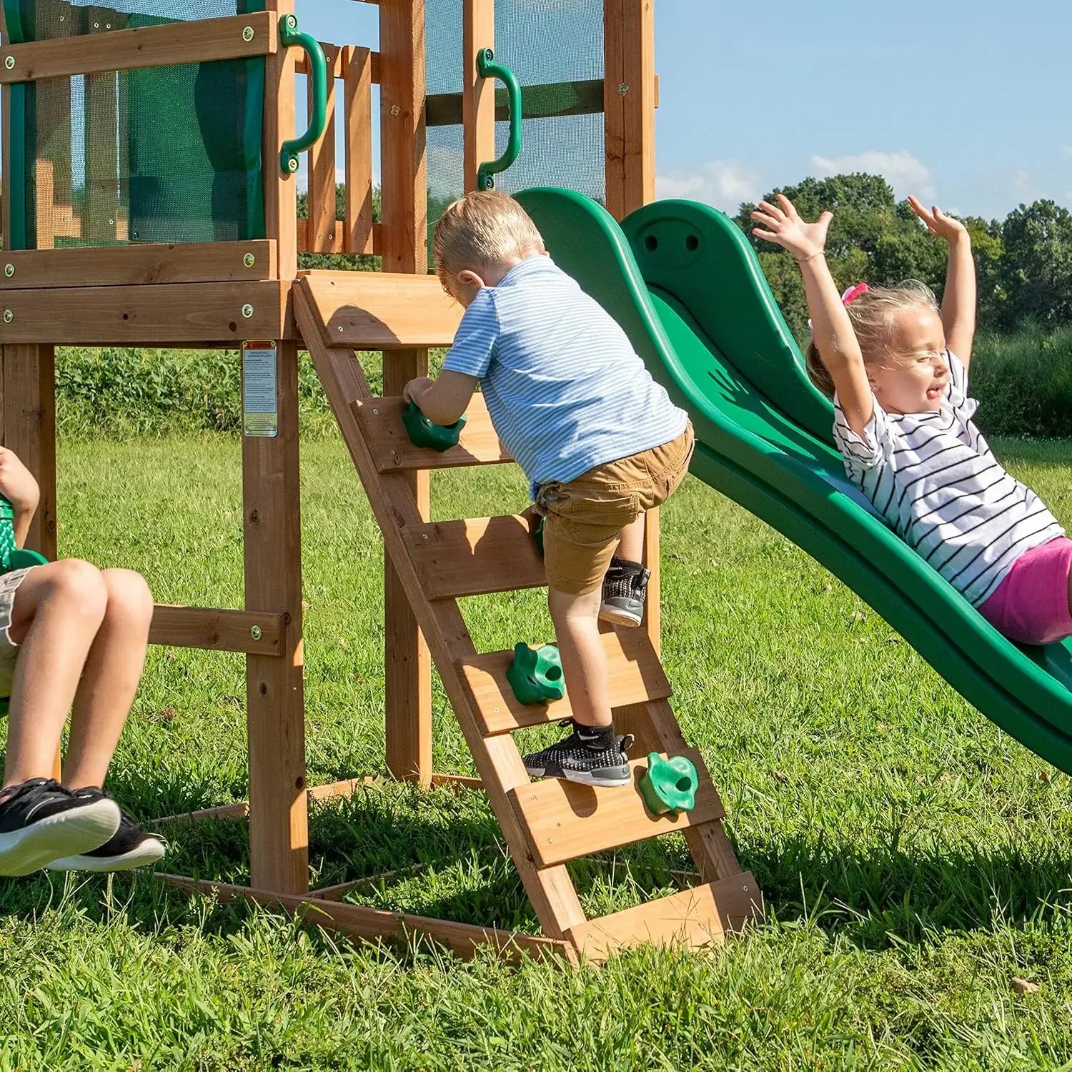 Buckley Hill Cedar Wood Swing Set with Wave Slide, Play Deck, Rock Wall Ladder, Belt Swings, Chalkboard,