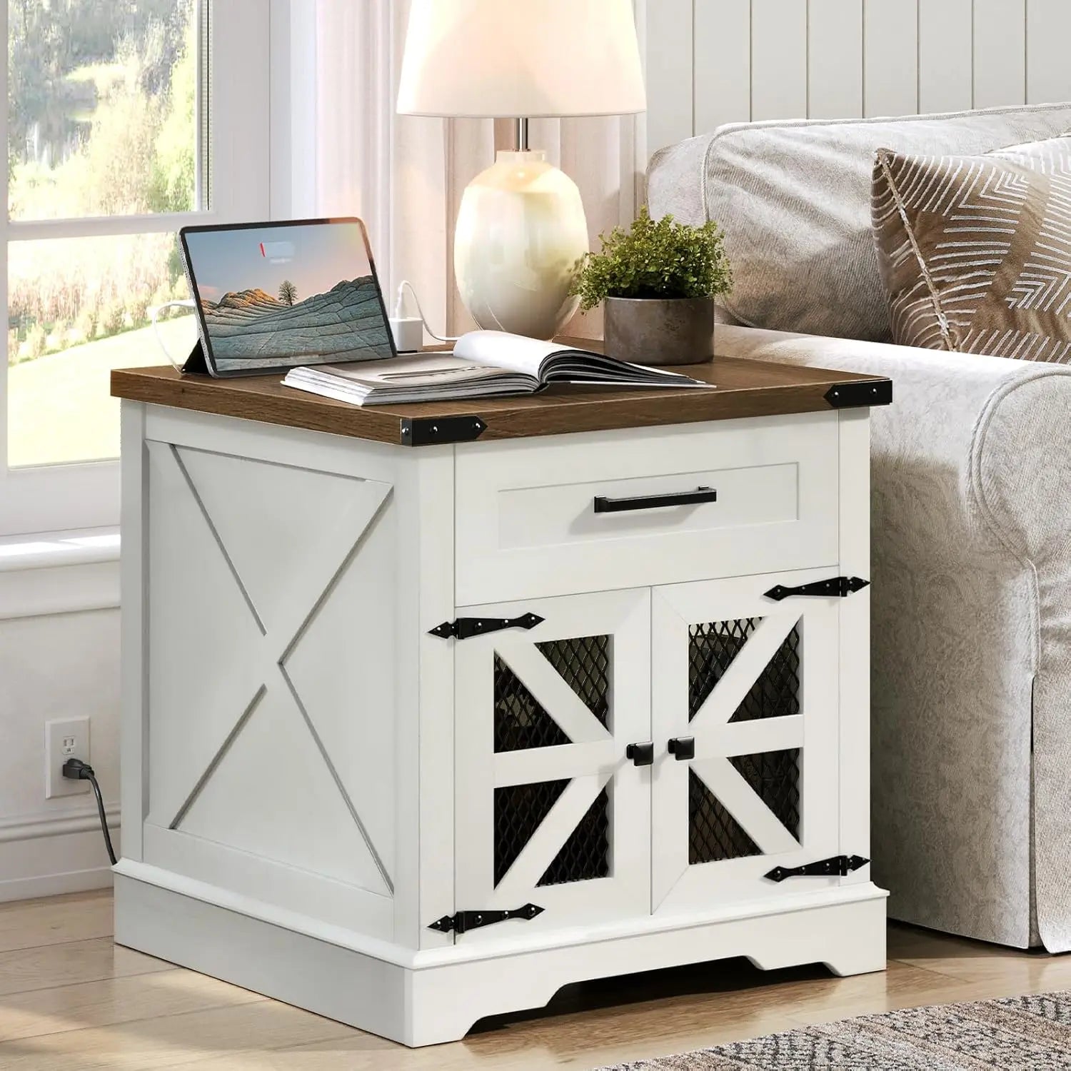 White Farmhouse End Table Charging Station