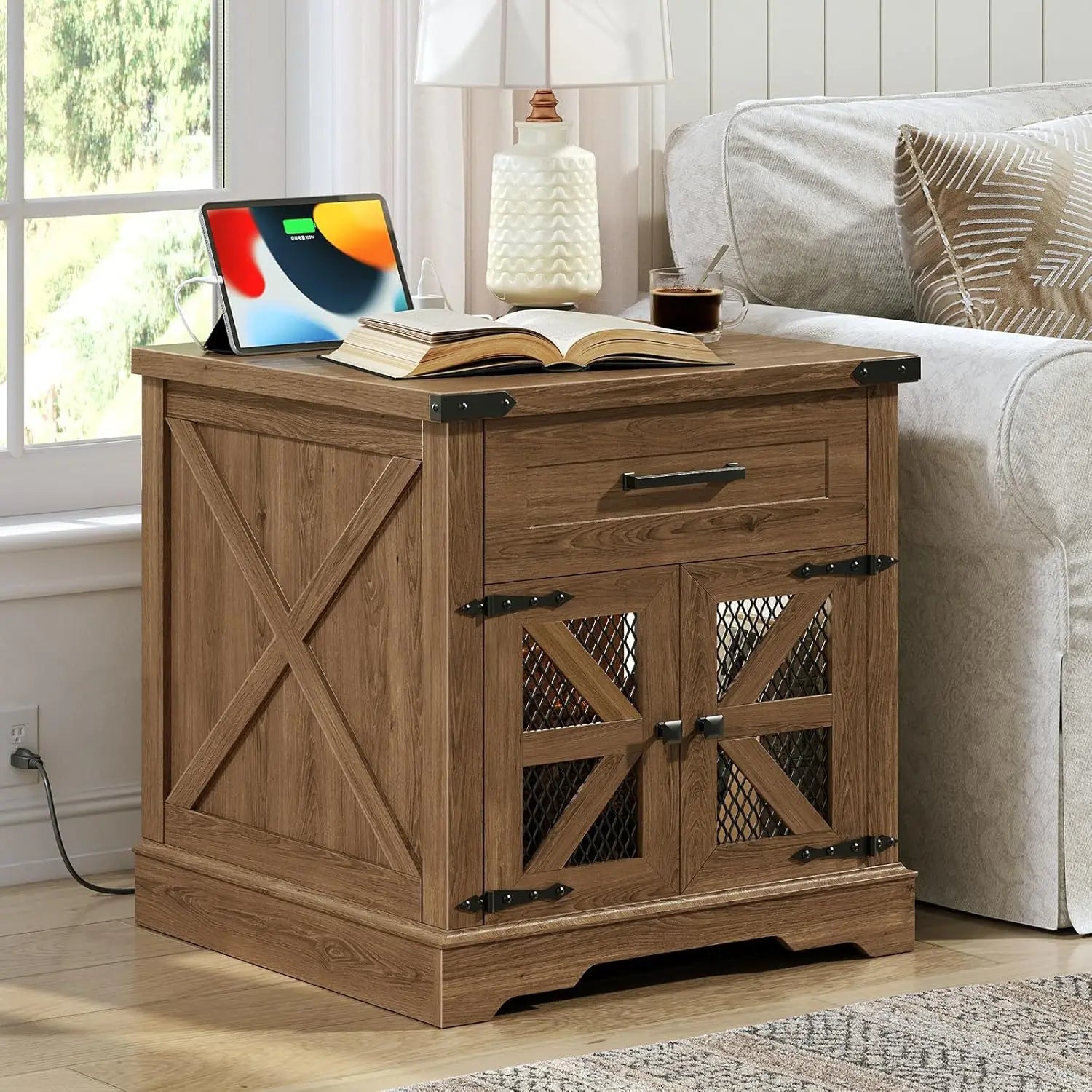White Farmhouse End Table Charging Station