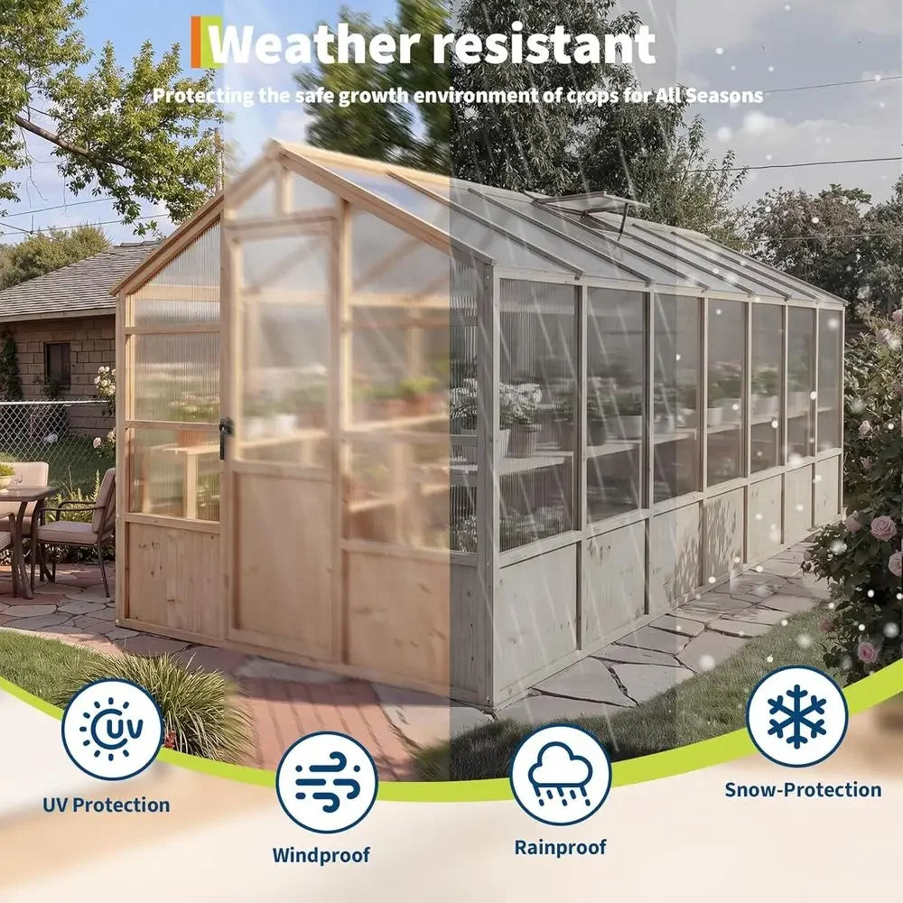 8x14 T Wooden Greenhouse or Outdoor, Walk-in Greenhouse Kit with Ventilated Window & Lockable Door & Polyte Panels