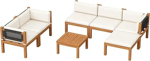 7 Piece Acacia Wood Patio Sofa, Outdoor Sectional Coach and Love Seat with Coffee Table