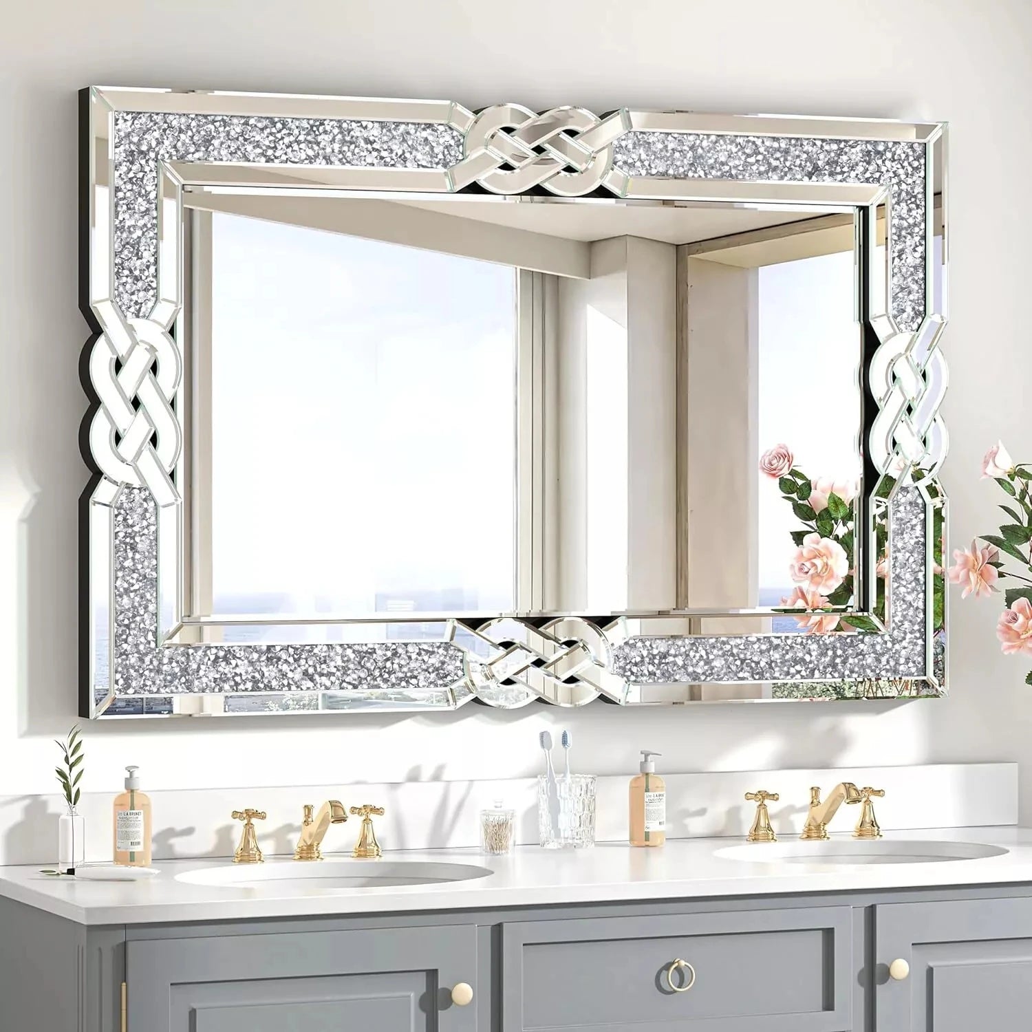 Wisfor Crushed Diamond Wall Mirror Crystal Frame Edge