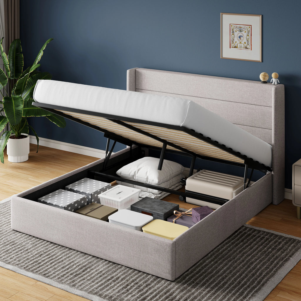 HOOMIC Lift Up Storage Bed with Wingback Headboard/Heavy-Duty Hydraulic Bed/Large Underneath Storage