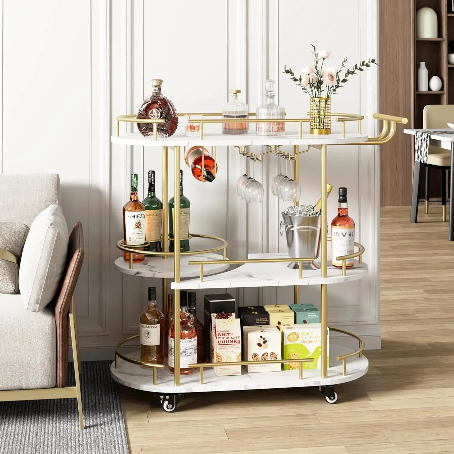 Gold Bar Carts with 4-Tiers Storage Shelves