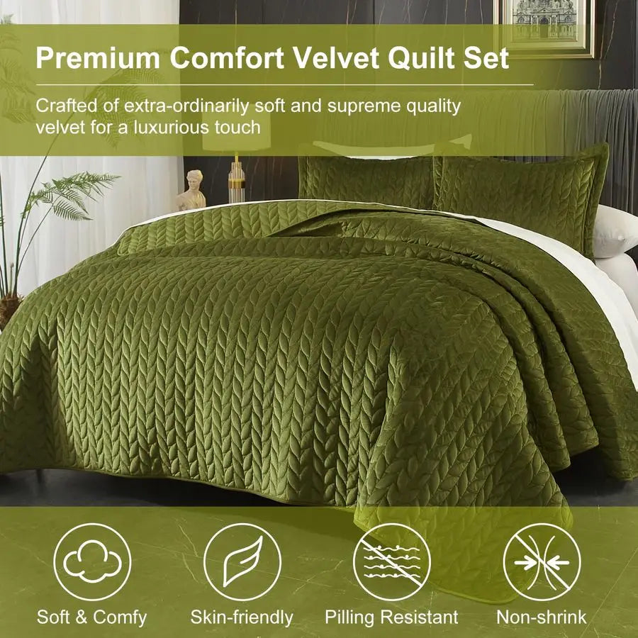 Velvet Quilt Queen Size Green Lightweight Velvet Comforter Set