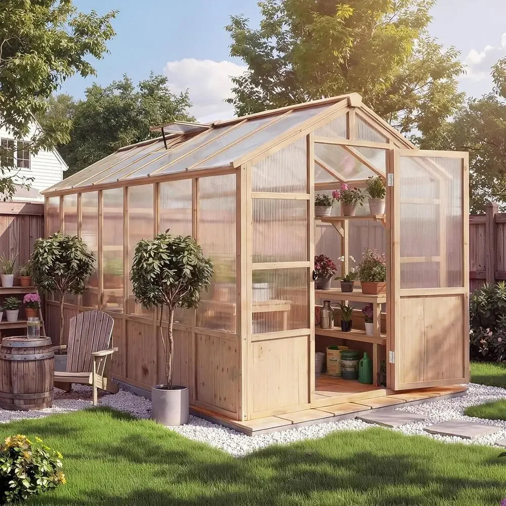 8x14 T Wooden Greenhouse or Outdoor, Walk-in Greenhouse Kit with Ventilated Window & Lockable Door & Polyte Panels