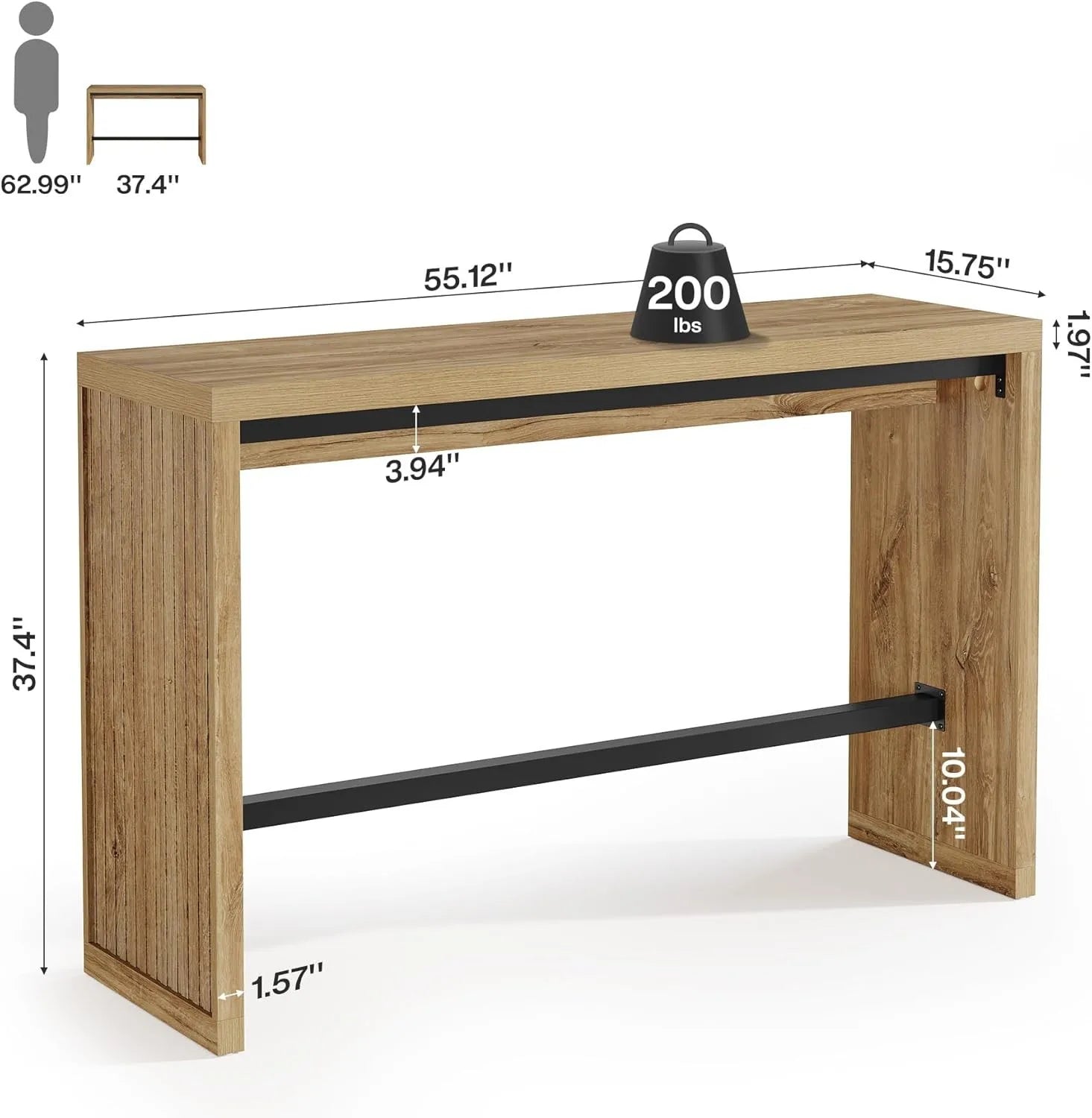 Rectangular Bar Table, 55-Inch Counter Height Pub Table with Metal Footrest