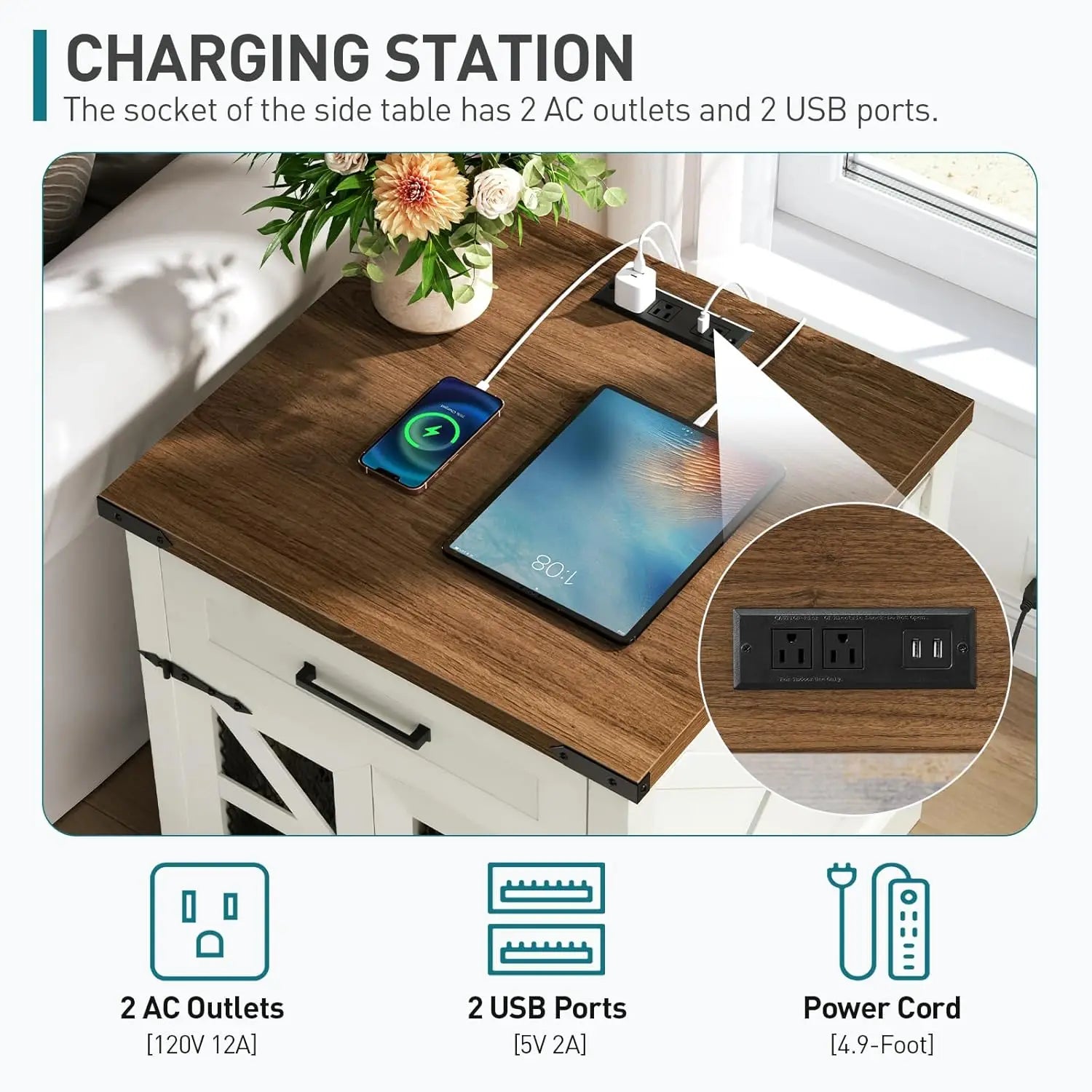White Farmhouse End Table Charging Station