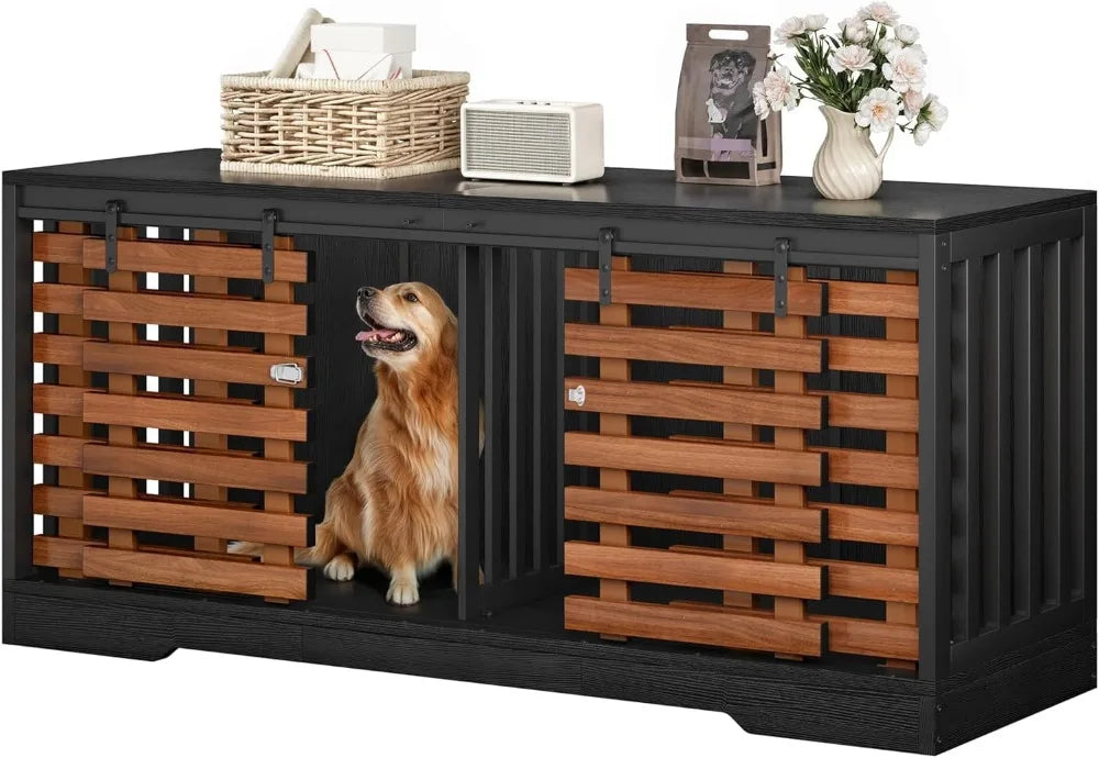 71" Double Dog Crate Furniture with Sliding Door, Heavy Duty Dual Kennel TV Stand for Large Dogs, Black & Walnut