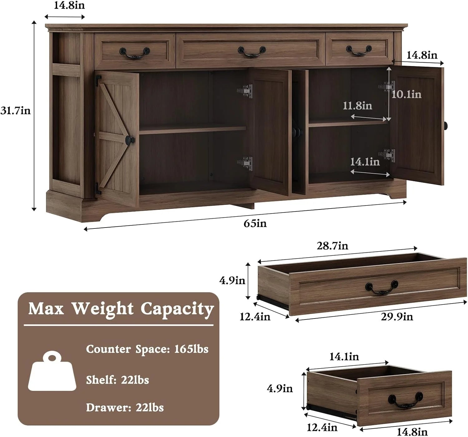 Farmhouse Sideboard Buffet Cabinet with Barn Doors, 64.6'' Wooden Storage Cabinet