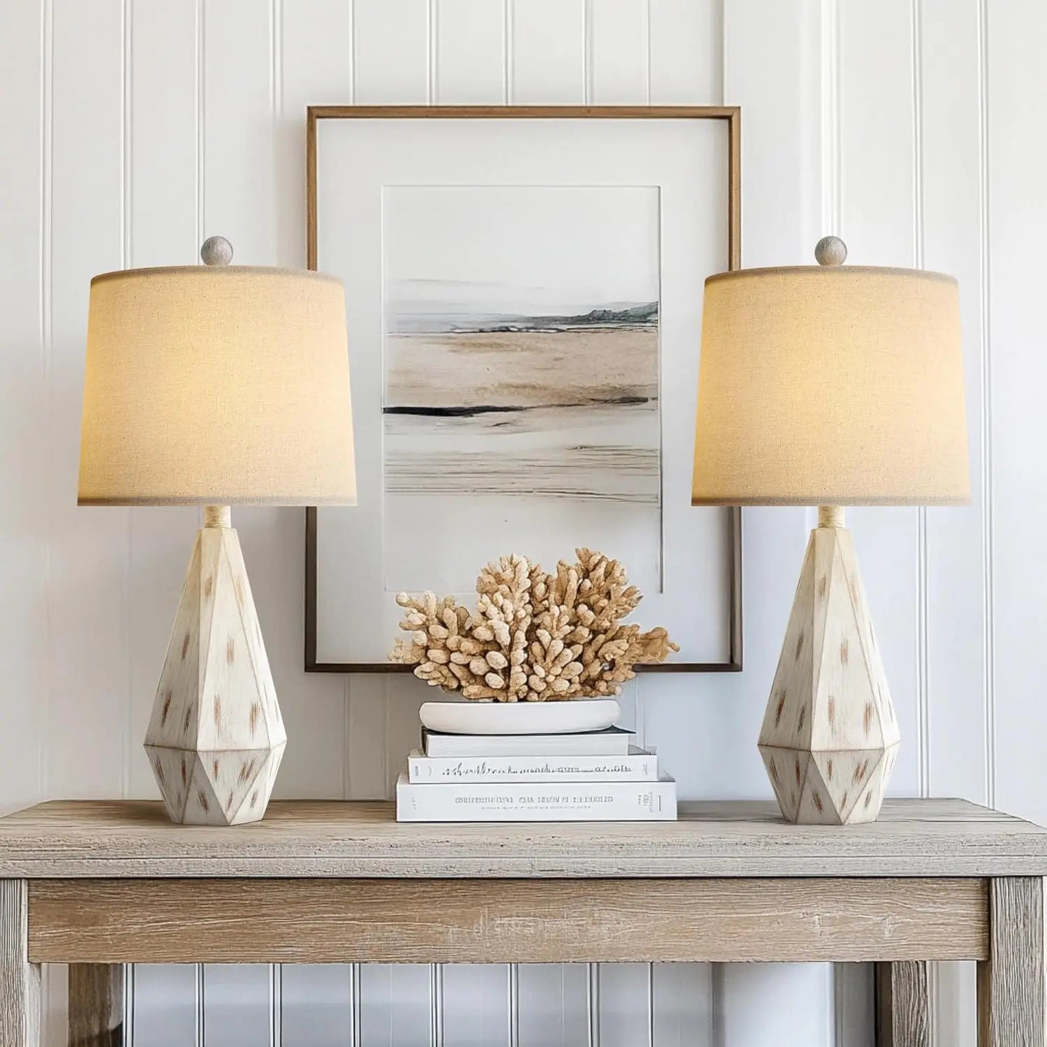Set of 2 Beige Rustic Farmhouse Table Lamps