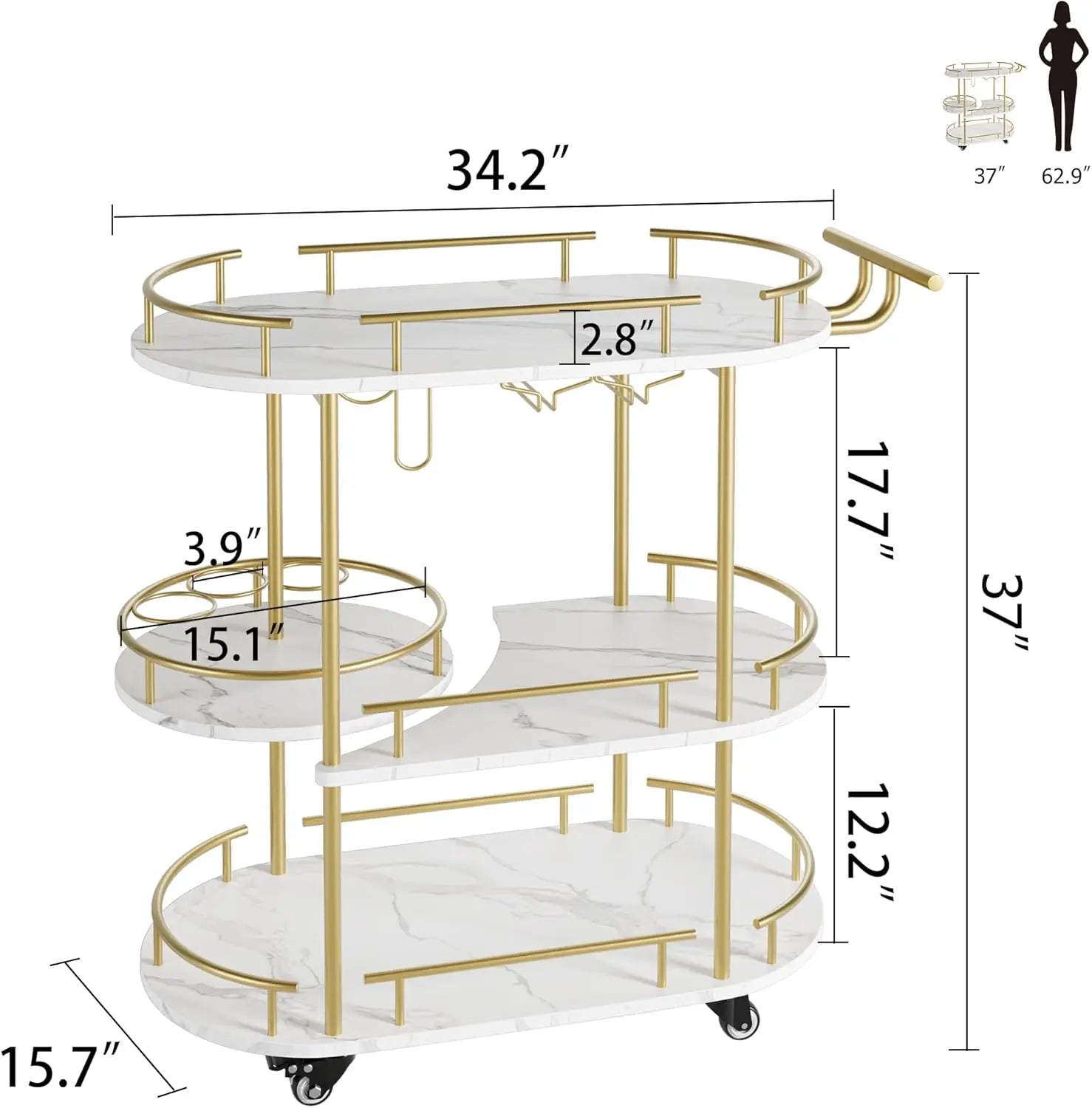 Gold Bar Carts with 4-Tiers Storage Shelves
