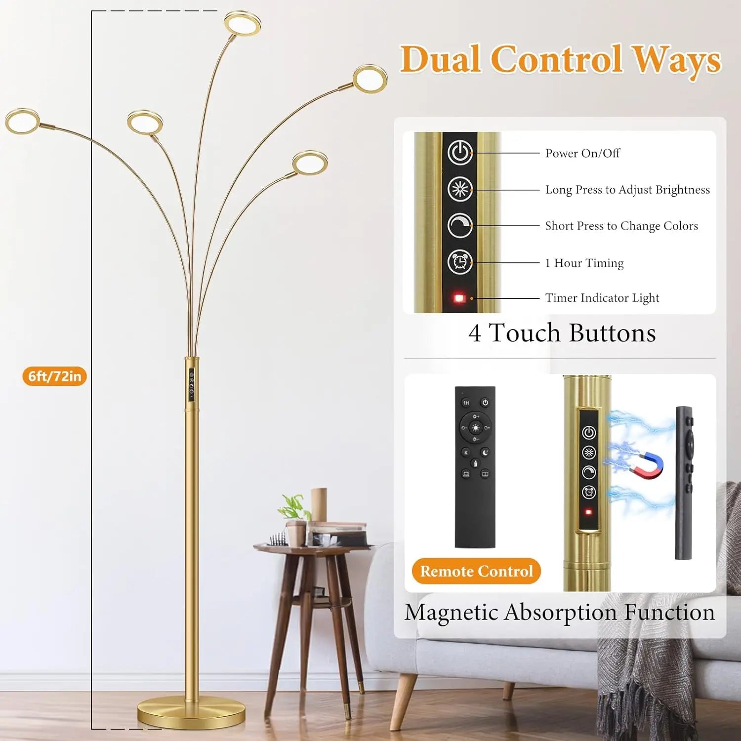 GOLD ADJUSTABLE ARMS LED TALL FLOOR LAMP REMOTE CONTROL DIMMABLE