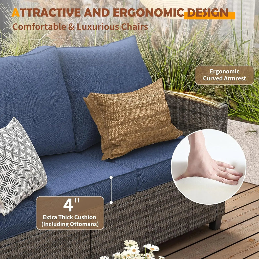 6pc Gray PE Rattan Sectional Sofa Set Swivel Chair & Side Table 4" Cushions