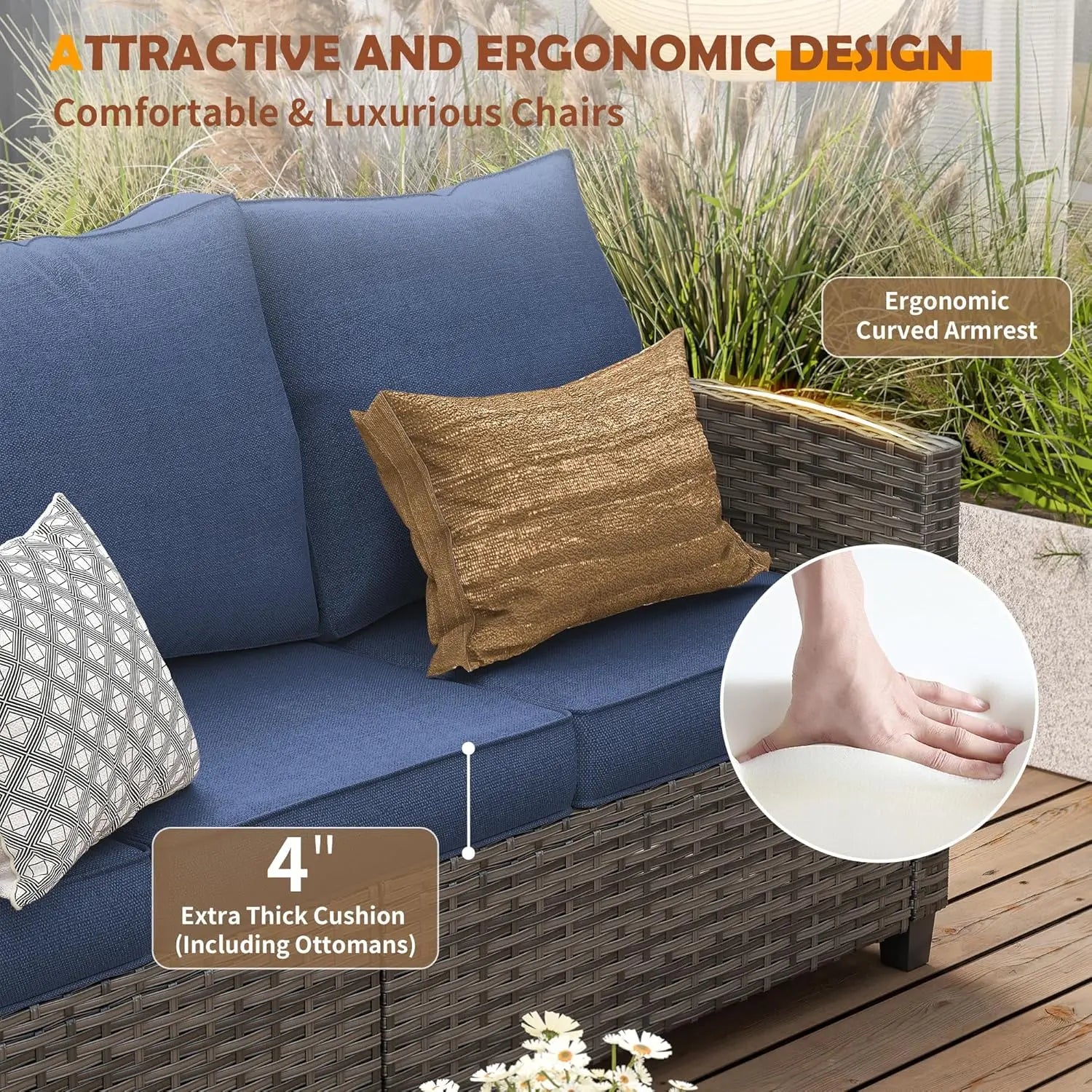 6pc Gray PE Rattan Sectional Sofa Set Swivel Chair & Side Table 4" Cushions