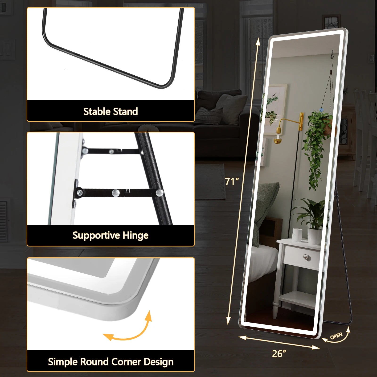 JHK 71"x26" Led Dimming Full Length Mirror 3 Color Lighting