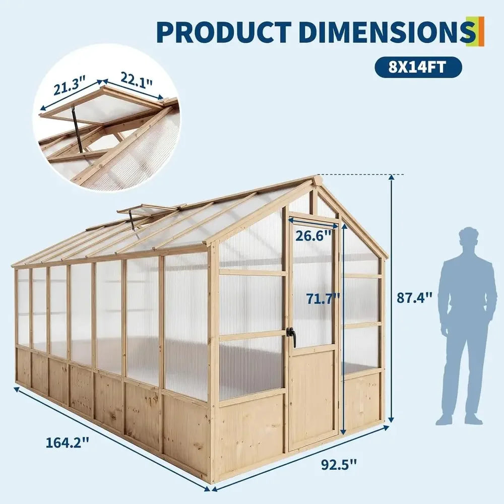8x14 T Wooden Greenhouse or Outdoor, Walk-in Greenhouse Kit with Ventilated Window & Lockable Door & Polyte Panels