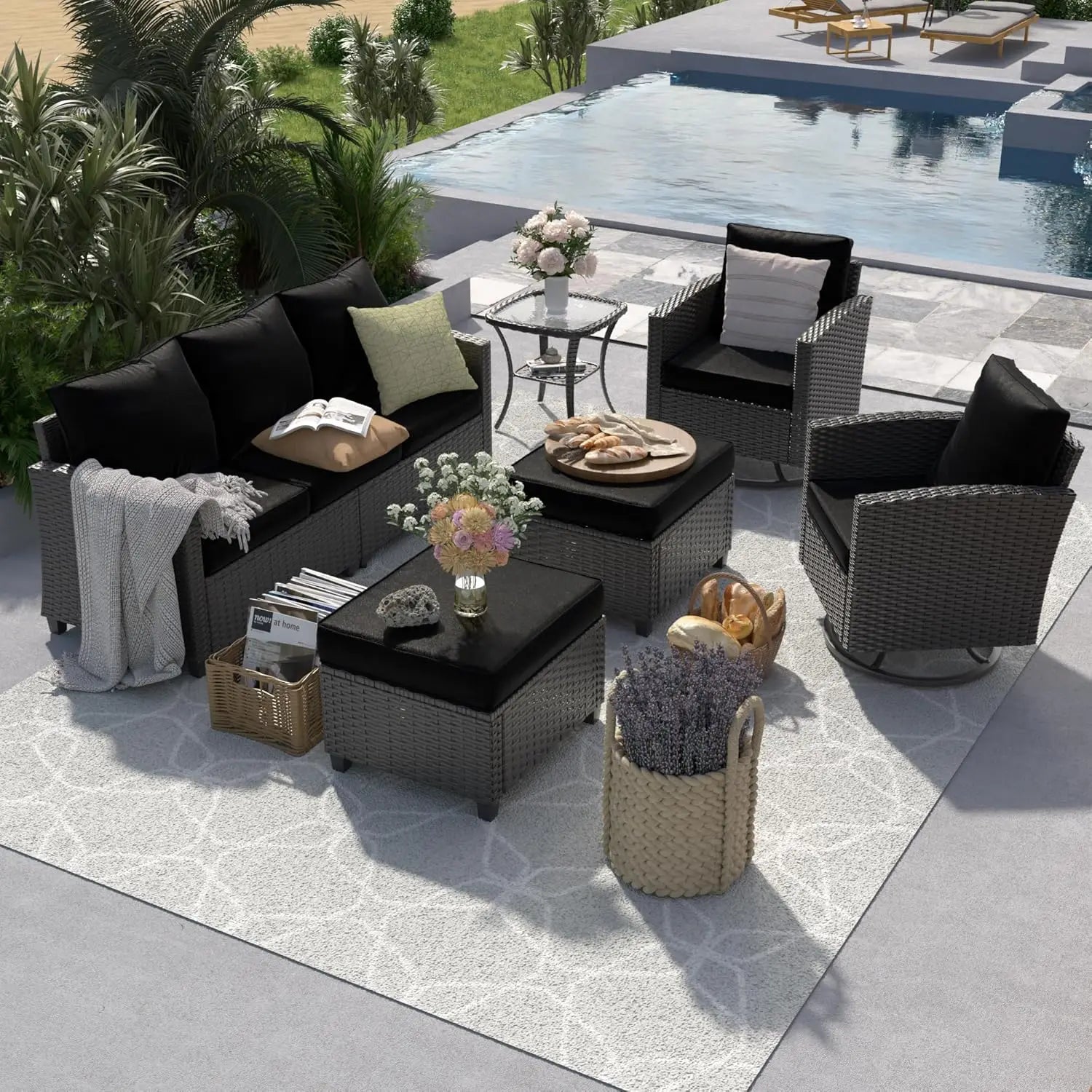 6pc Gray PE Rattan Sectional Sofa Set Swivel Chair & Side Table 4" Cushions