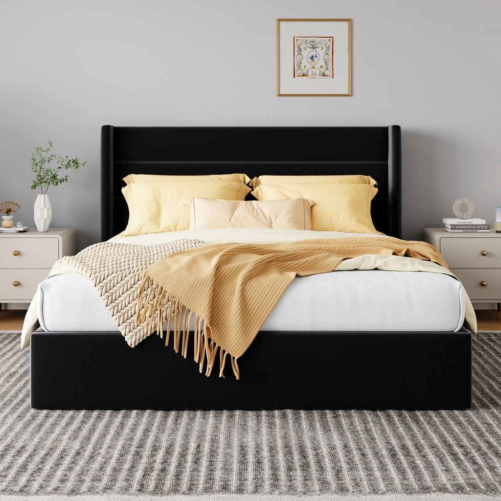 HOOMIC Lift Up Storage Bed with Wingback Headboard/Heavy-Duty Hydraulic Bed/Large Underneath Storage