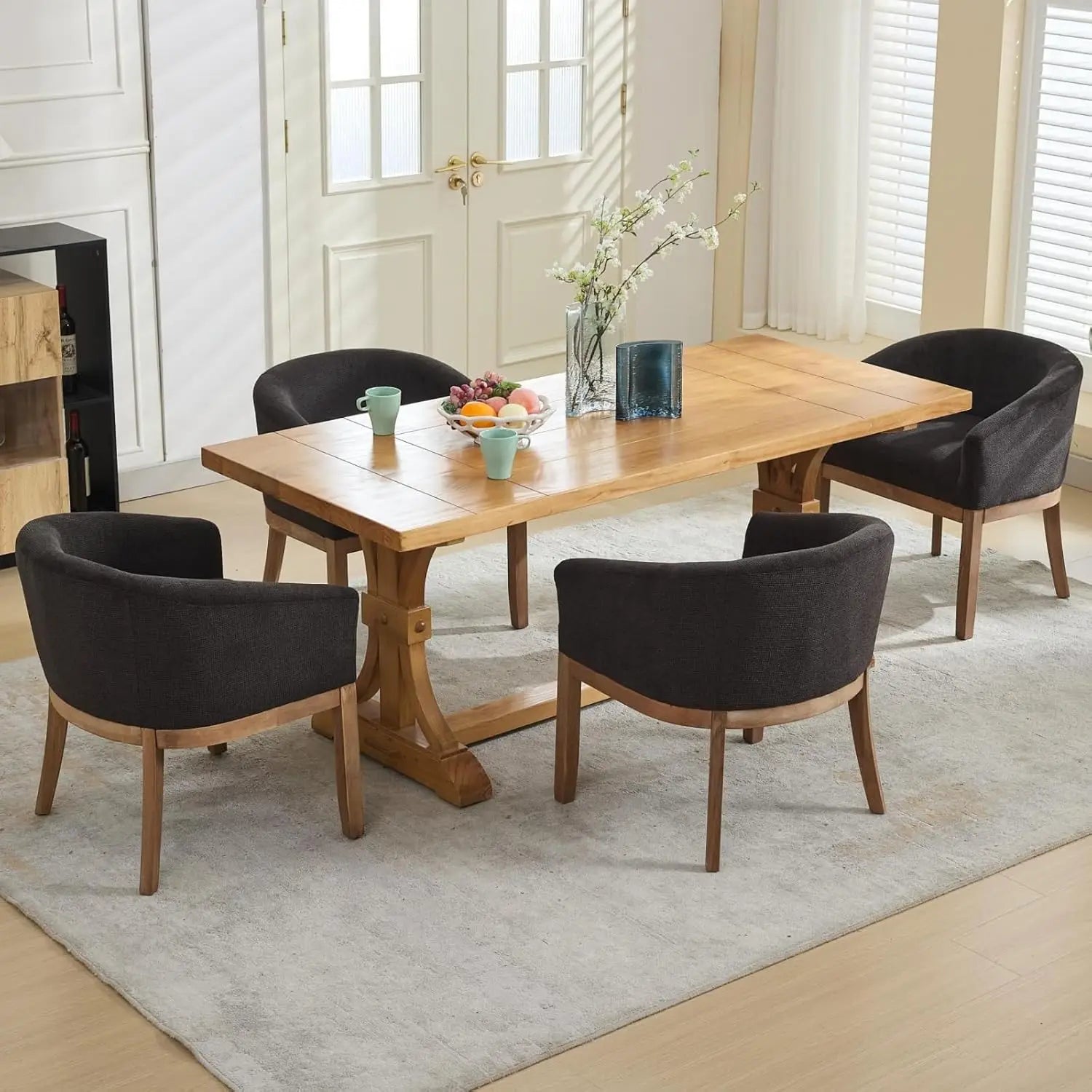 Mid Century Modern Dining Chairs Set of 4,Linen Upholstered Barrel Dining Chairs with Arms