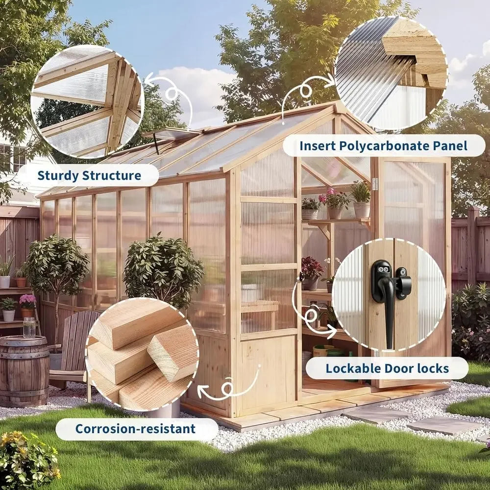 8x14 T Wooden Greenhouse or Outdoor, Walk-in Greenhouse Kit with Ventilated Window & Lockable Door & Polyte Panels