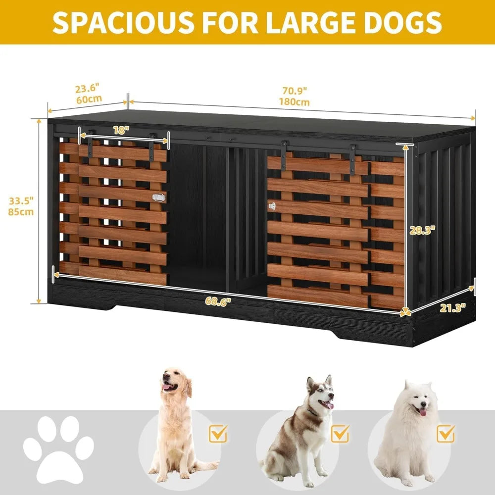 71" Double Dog Crate Furniture with Sliding Door, Heavy Duty Dual Kennel TV Stand for Large Dogs, Black & Walnut