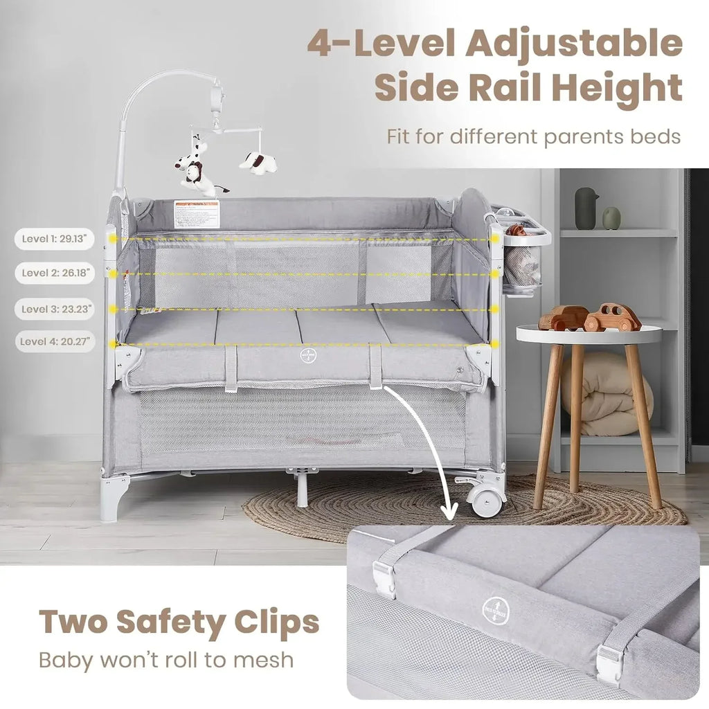 Baby Bassinets Bedside Sleeper, 4 in 1 Portable Bedside Crib w/Mattress, Diaper Changer, Storage Basket, Music Box, Carry Bag