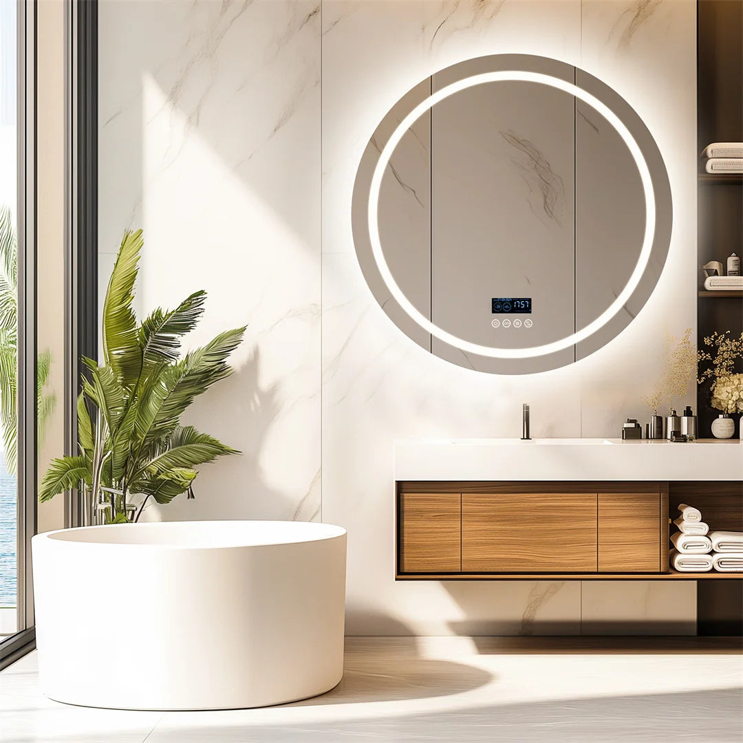 LUVODI Round Bathroom Mirror with Dual Bluetooth Speakers Anti-Fog Lighted Shower Vanity Mirror with Time Weather Display