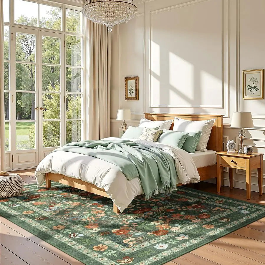 Green Floral Area Rug 5x7 Vintage Boho Washable