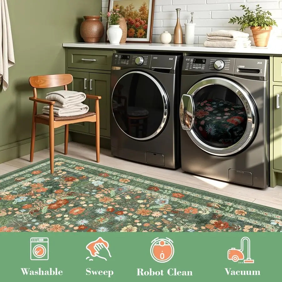 Green Floral Area Rug 5x7 Vintage Boho Washable