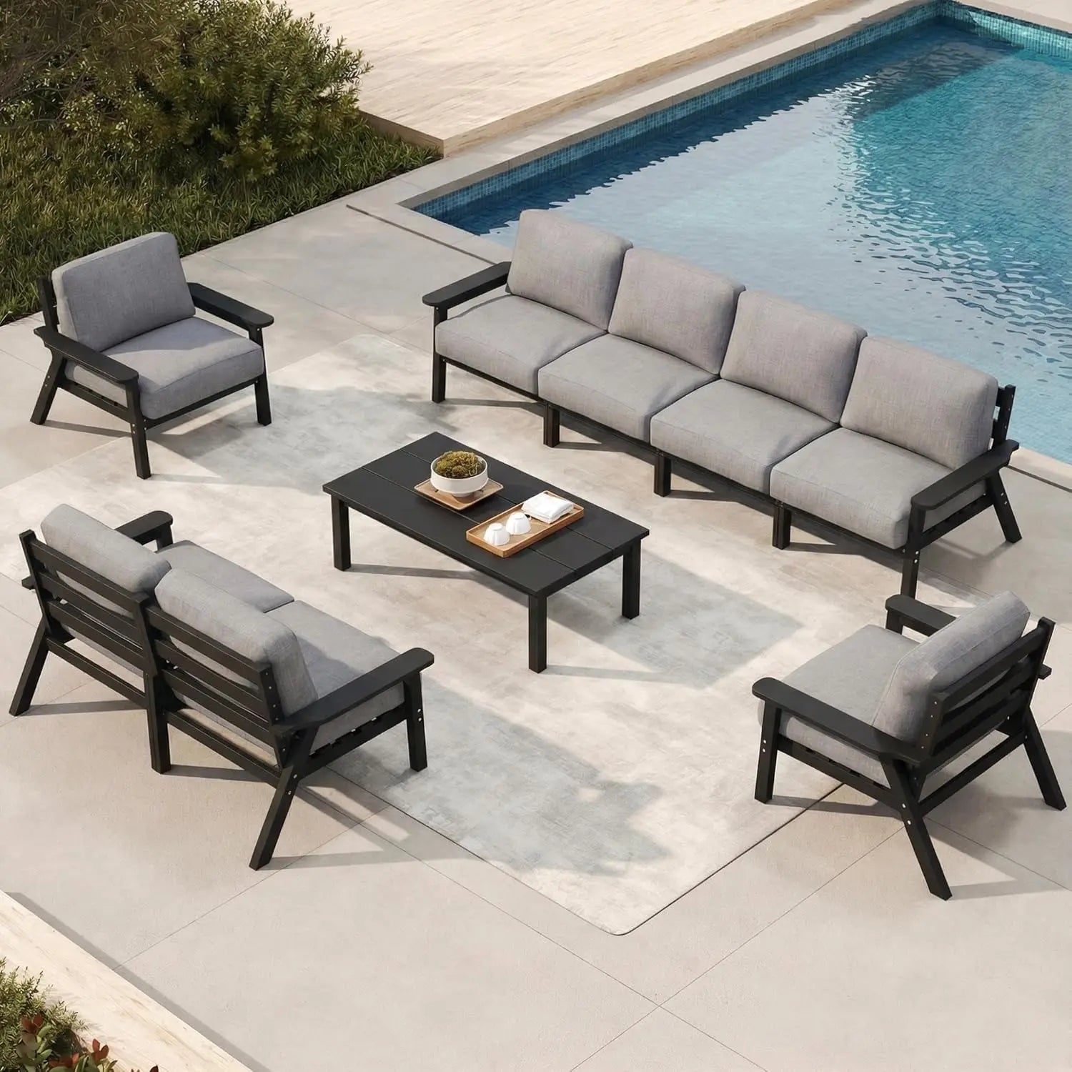 Patio Furniture Set 8 Seats, HDPE Outdoor Sectional with Beige Washable Thick Cushions, Coffee Table, Patio, Customized