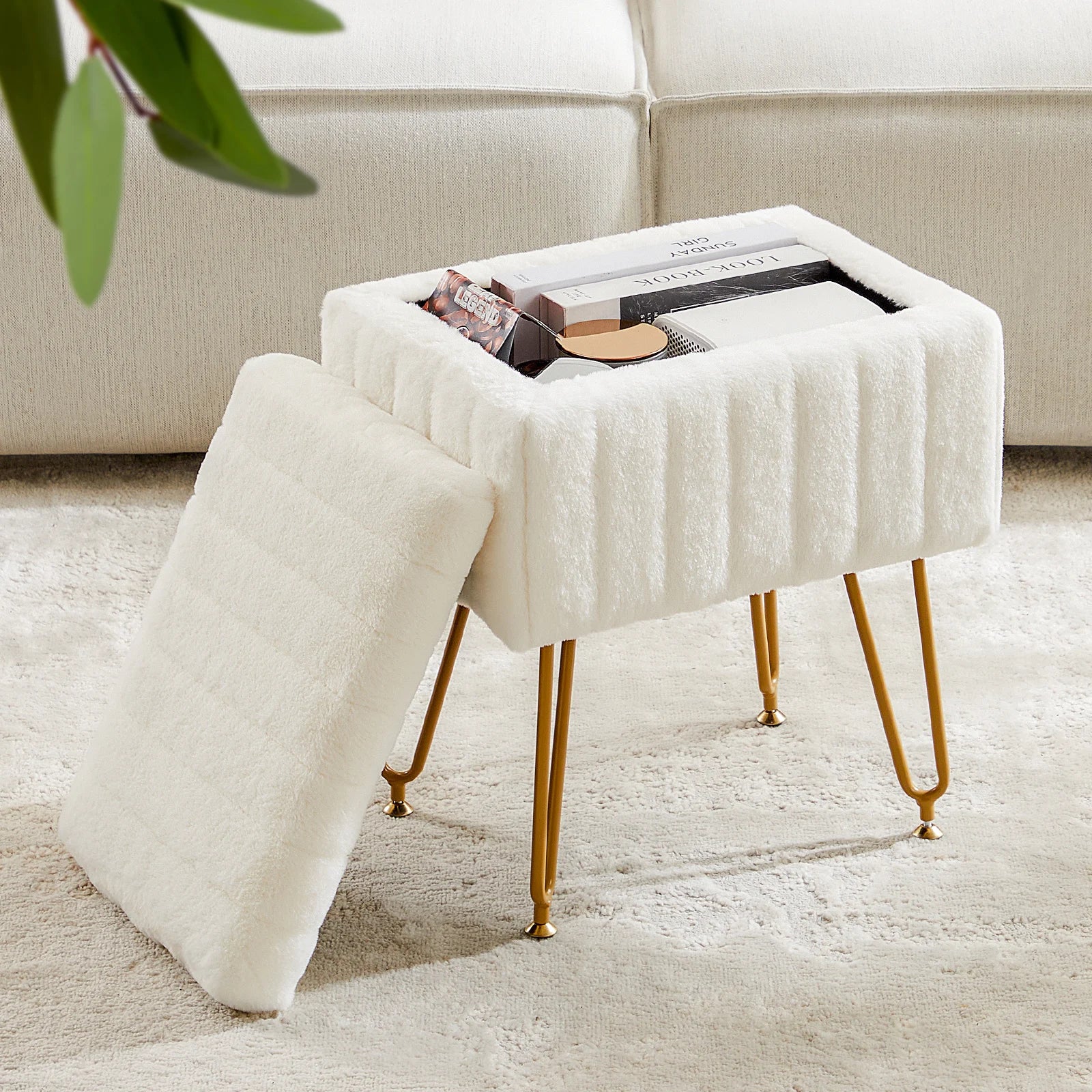 JHK Faux Fur Living Room Hidden Storage StoolHome